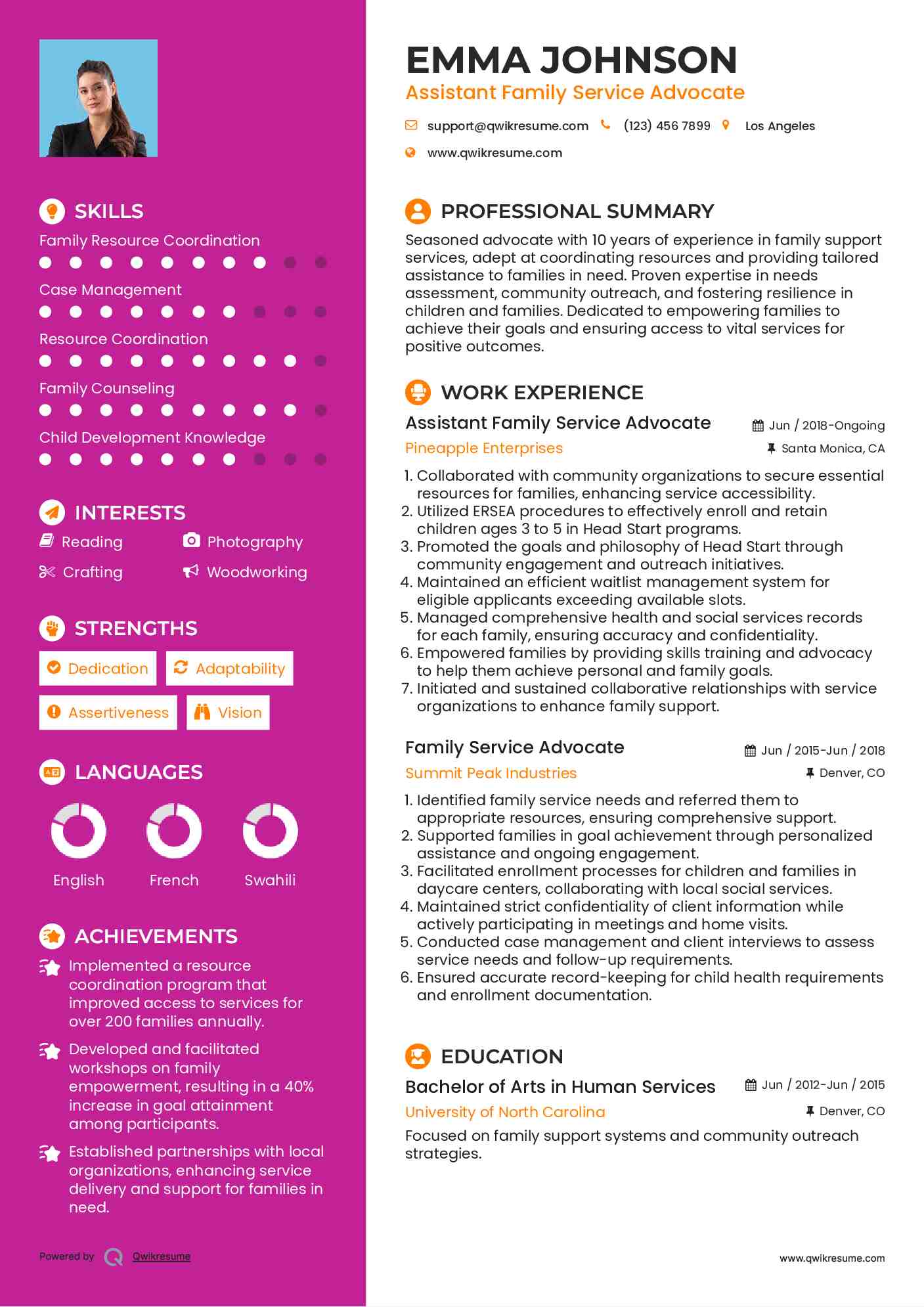 Assistant Family Service Advocate Resume Model