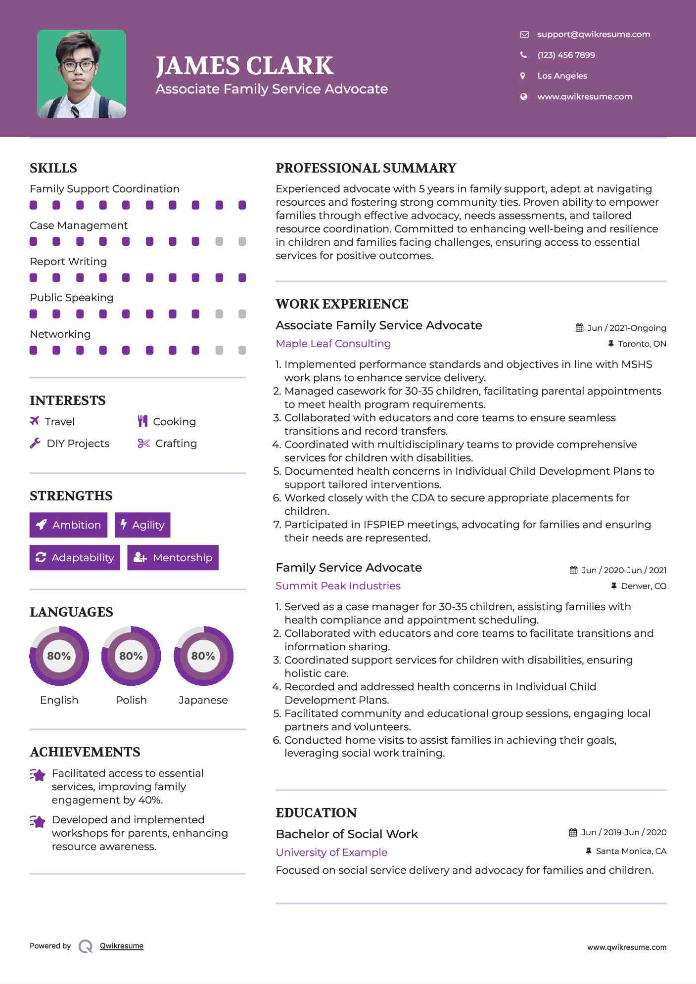 Associate Family Service Advocate Resume Sample