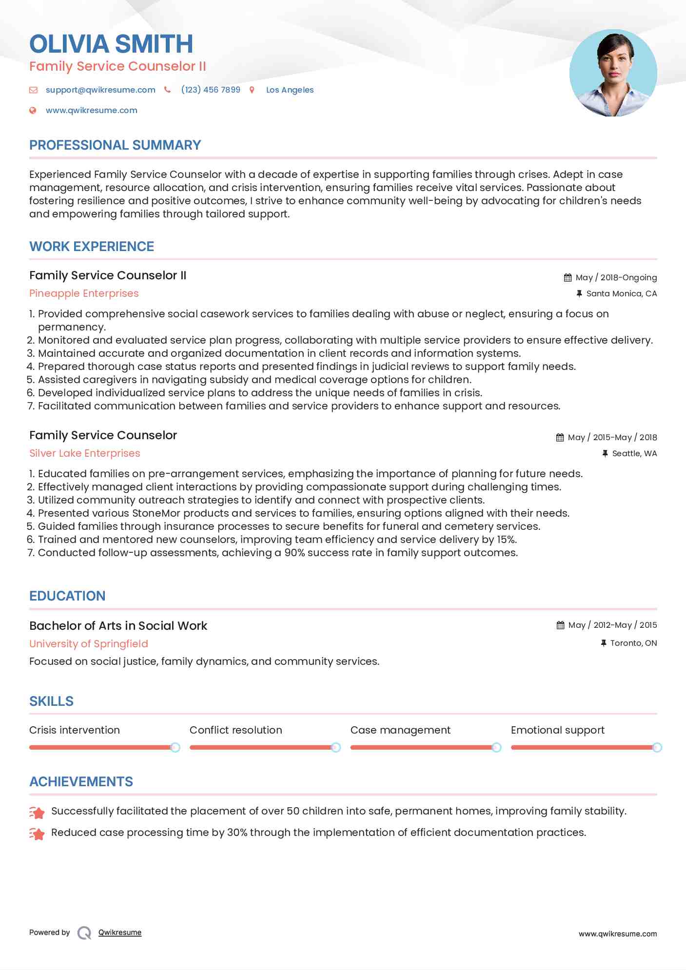 Family Service Counselor II Resume Template