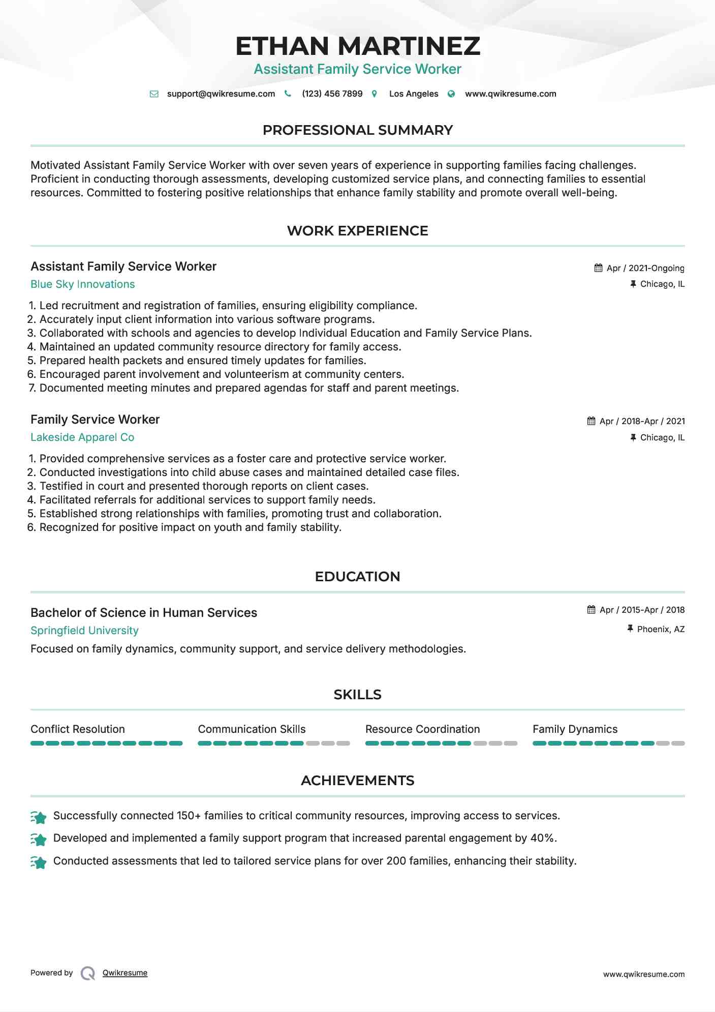 Assistant Family Service Worker Resume Template