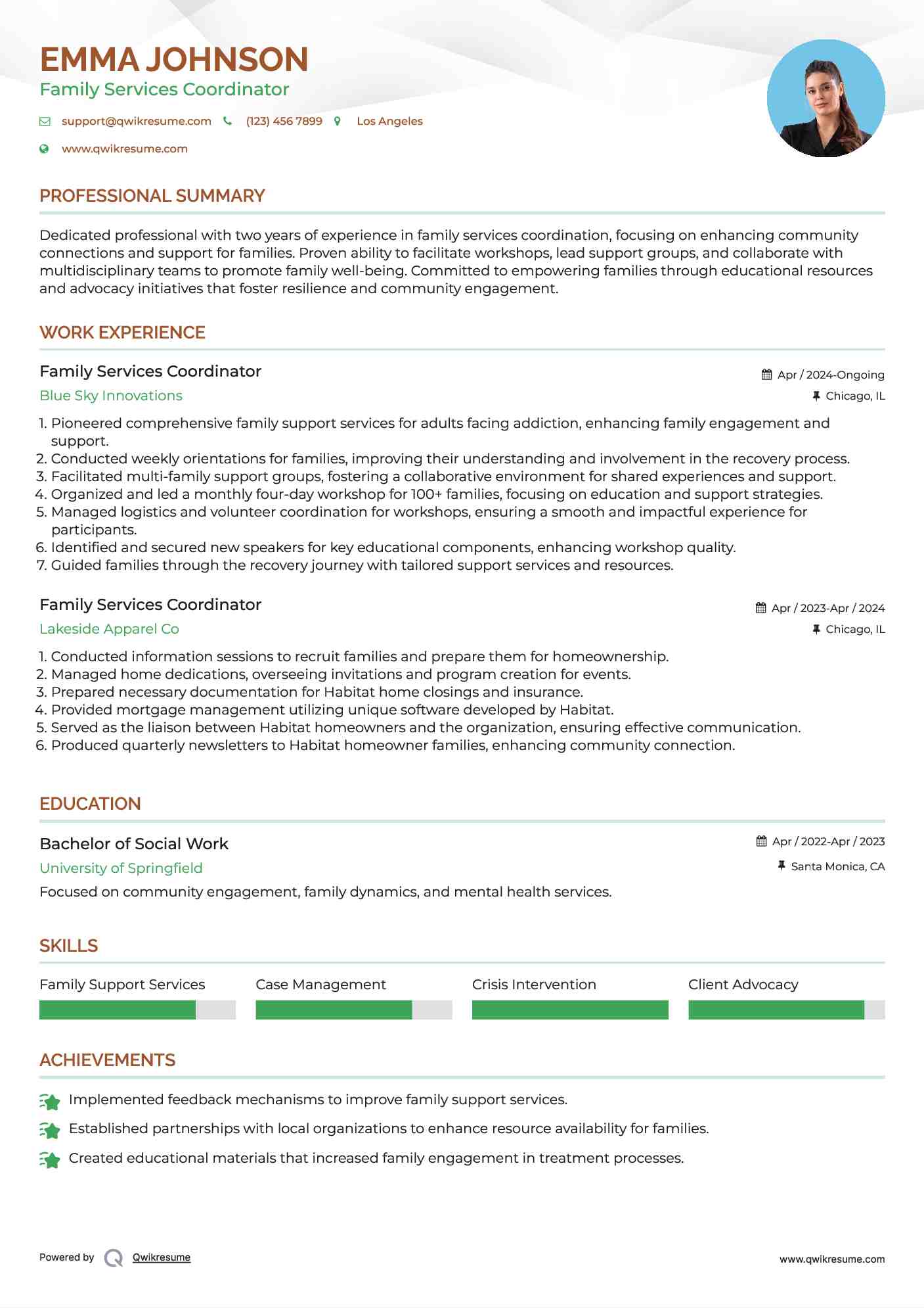 Family Services Coordinator Resume Sample