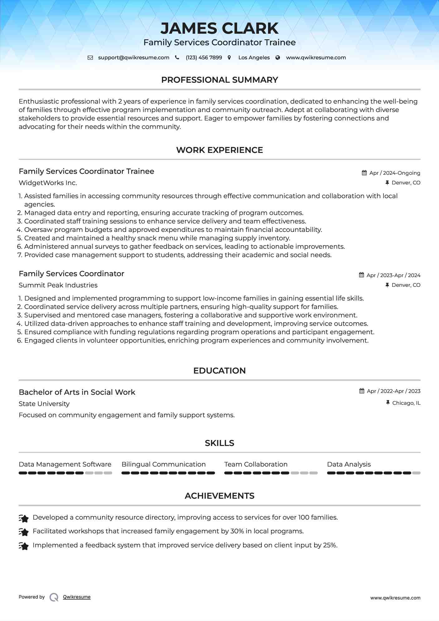 Family Services Coordinator Trainee Resume Model