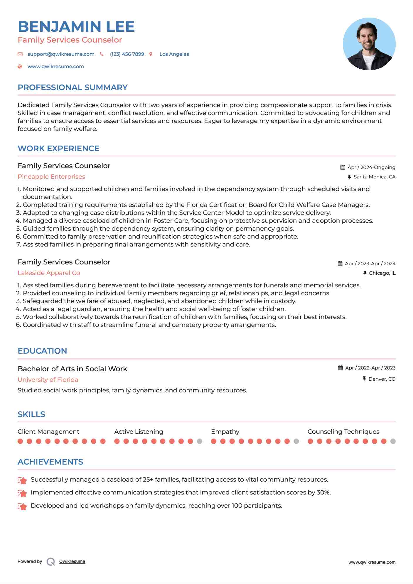 Family Services Counselor Resume Model