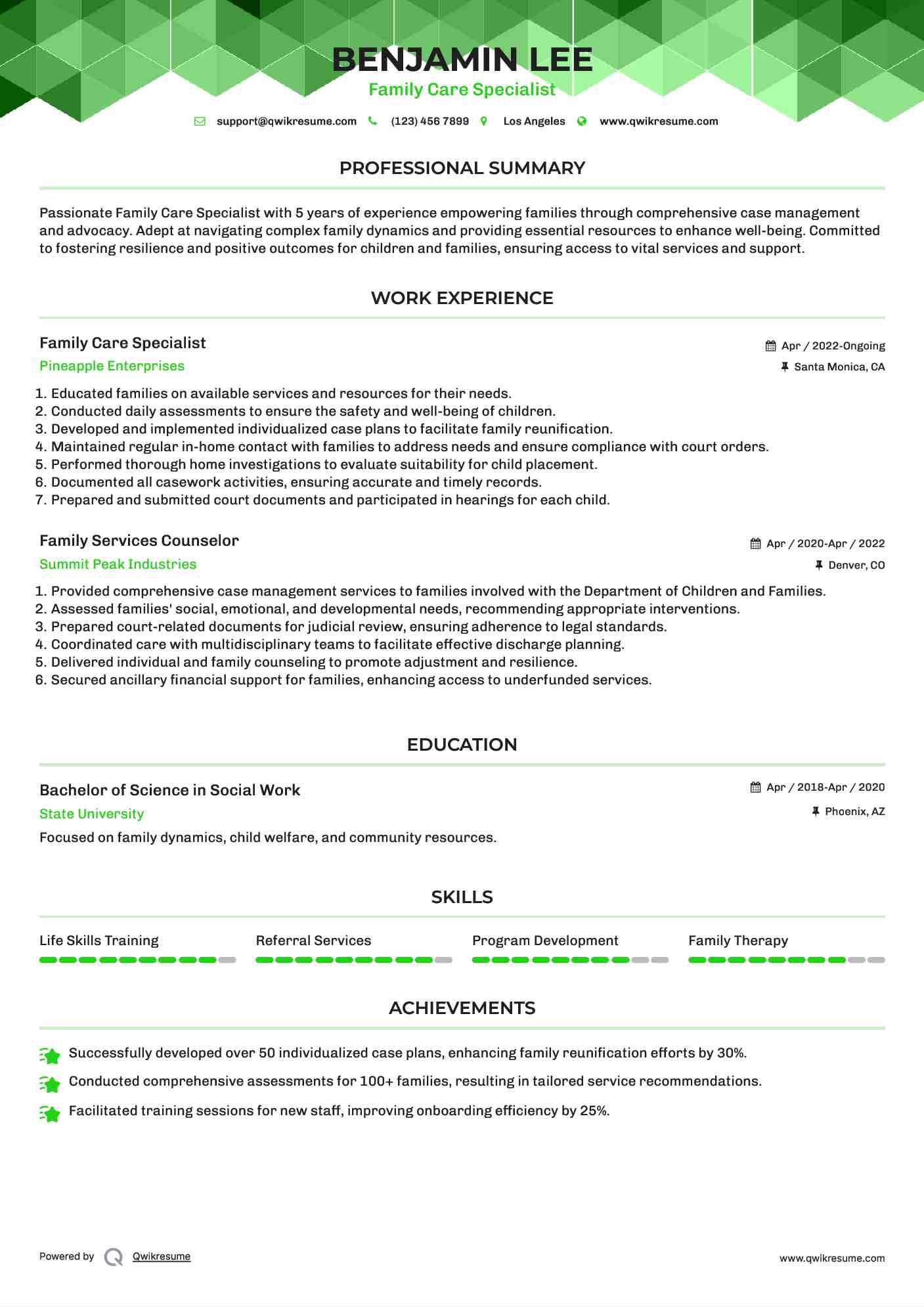 Family Care Specialist Resume Sample