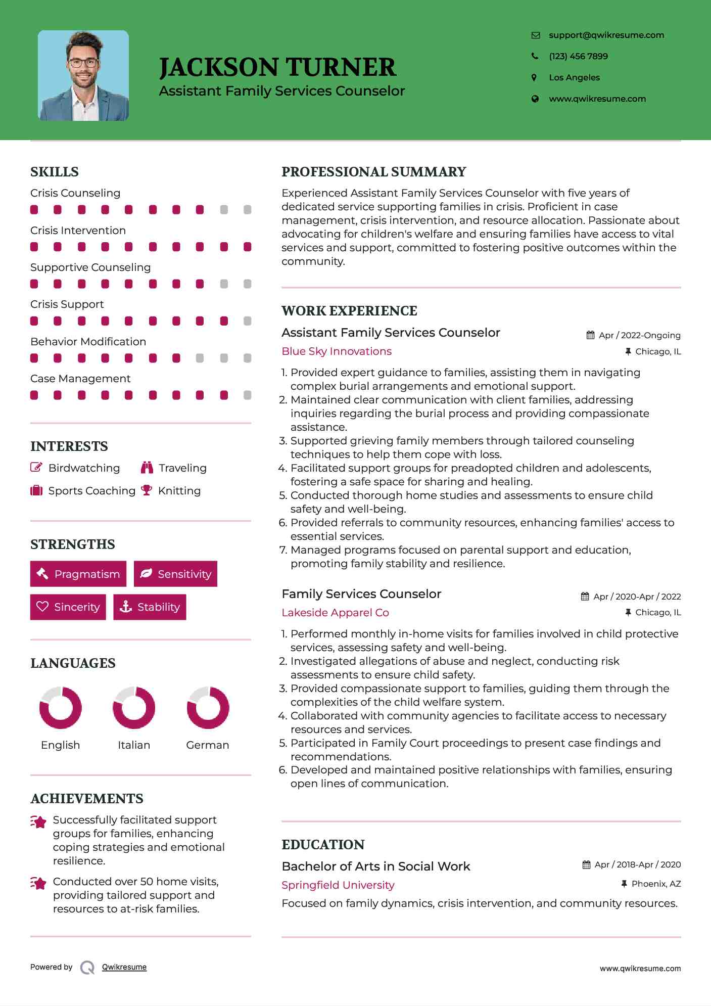 Assistant Family Services Counselor Resume Example