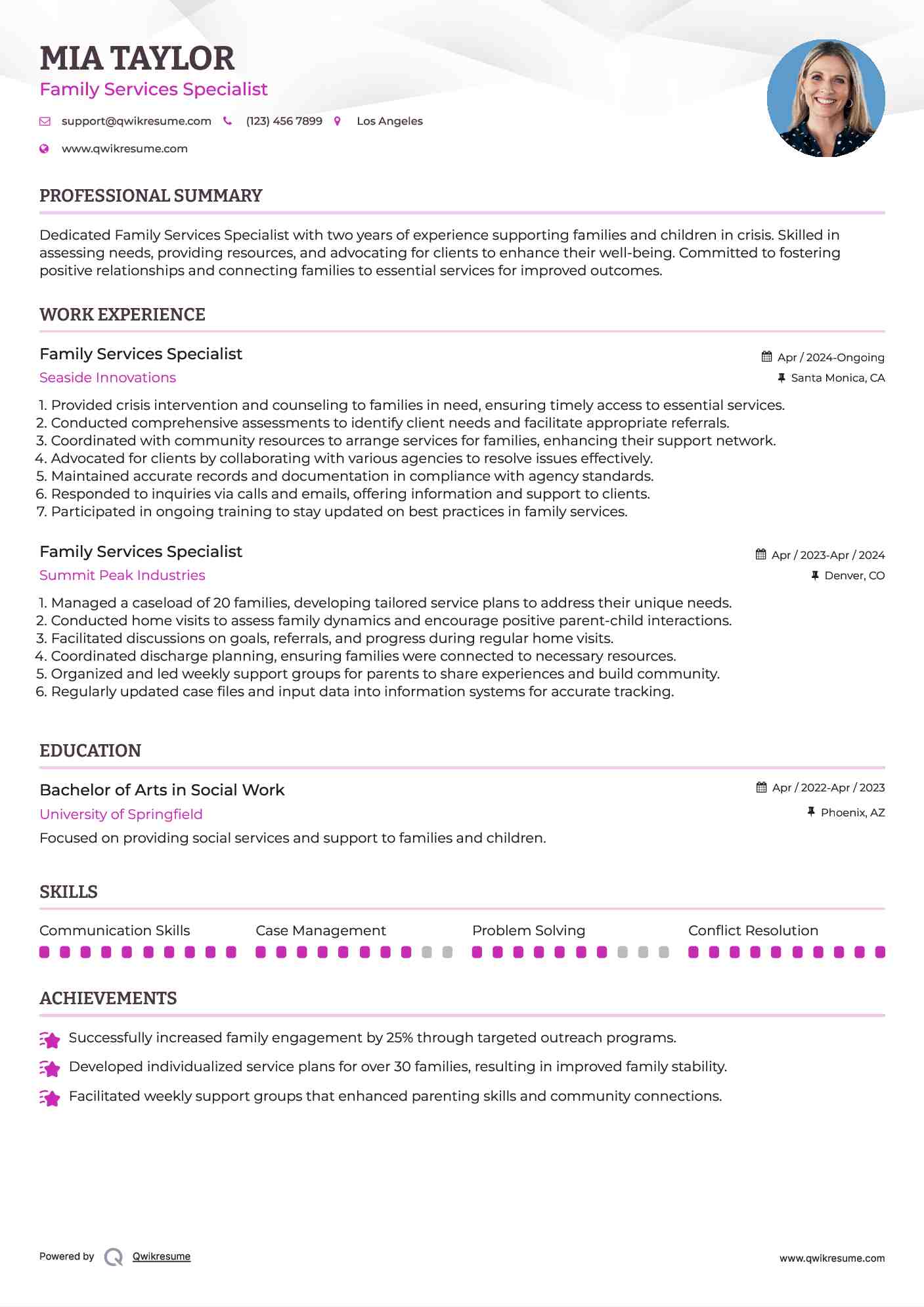 Family Services Specialist Resume Sample