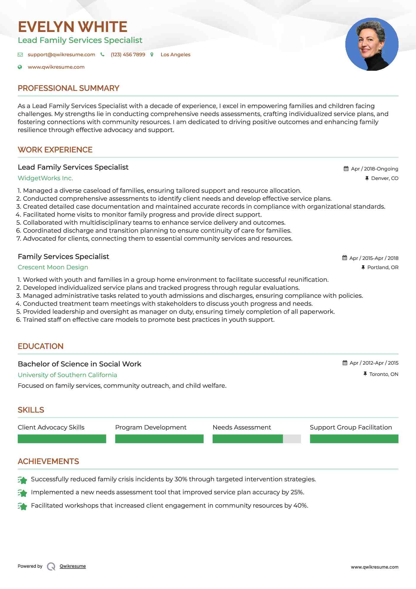 Lead Family Services Specialist Resume Template