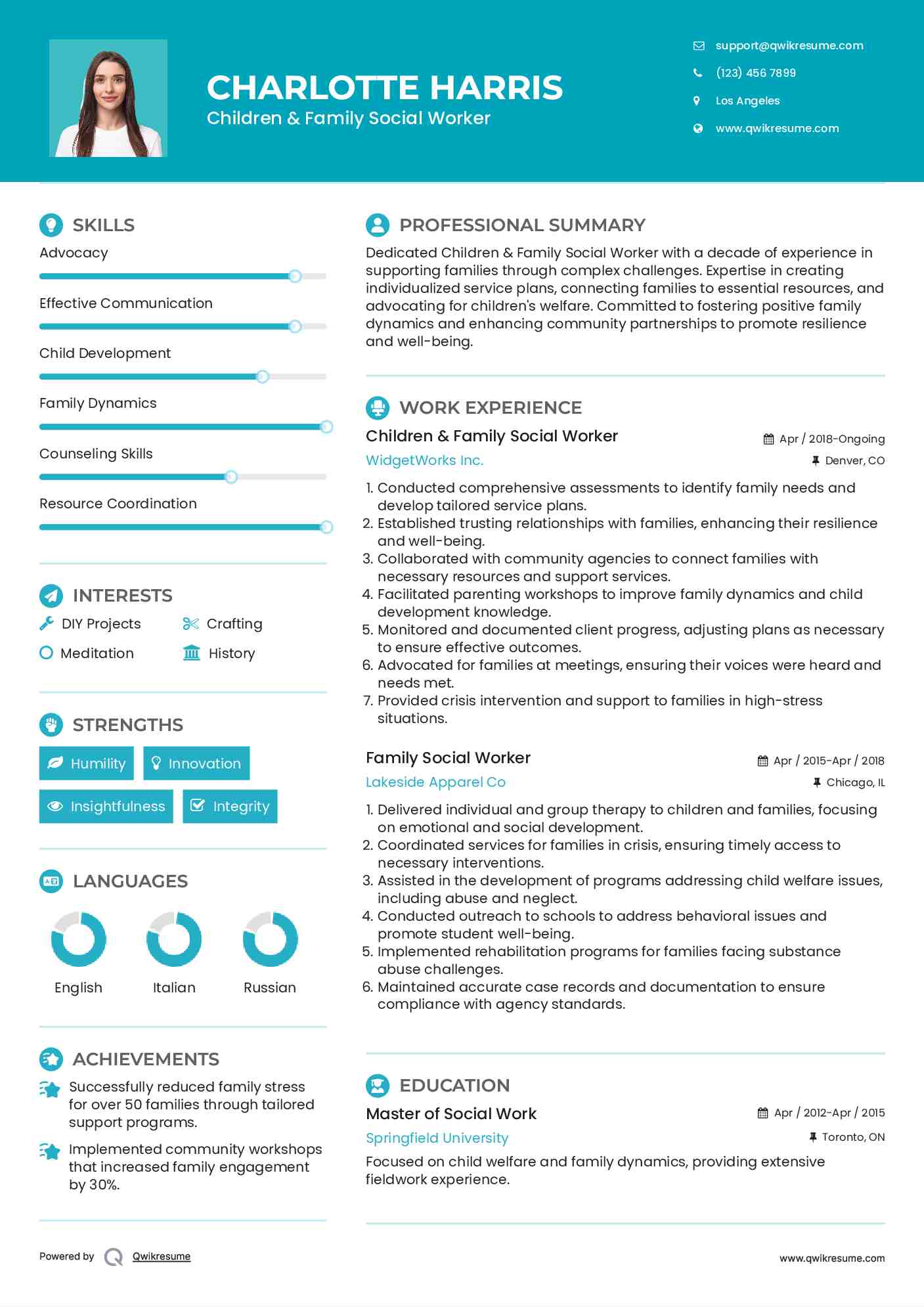 Children & Family Social Worker Resume Example