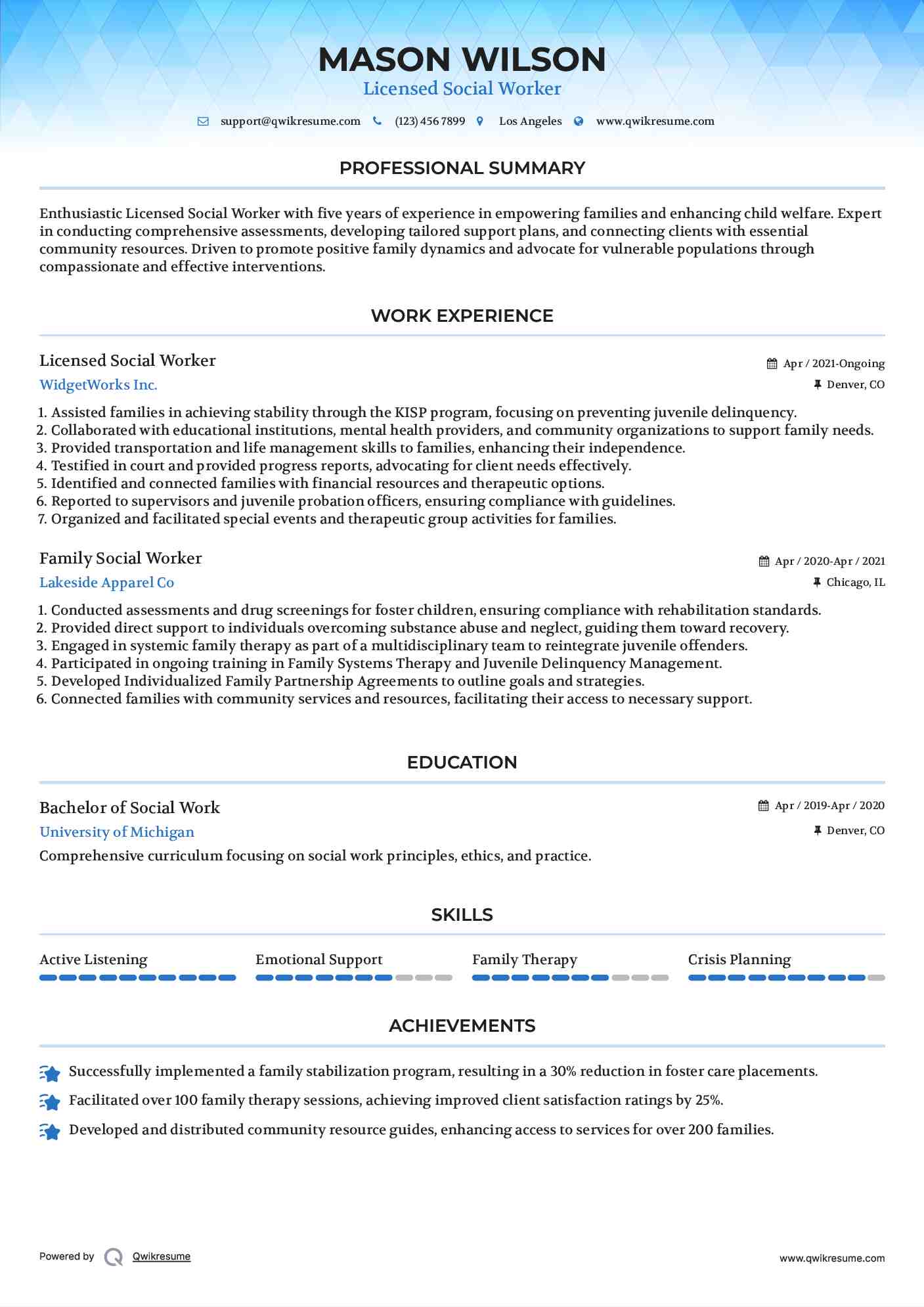 Licensed Social Worker Resume Example
