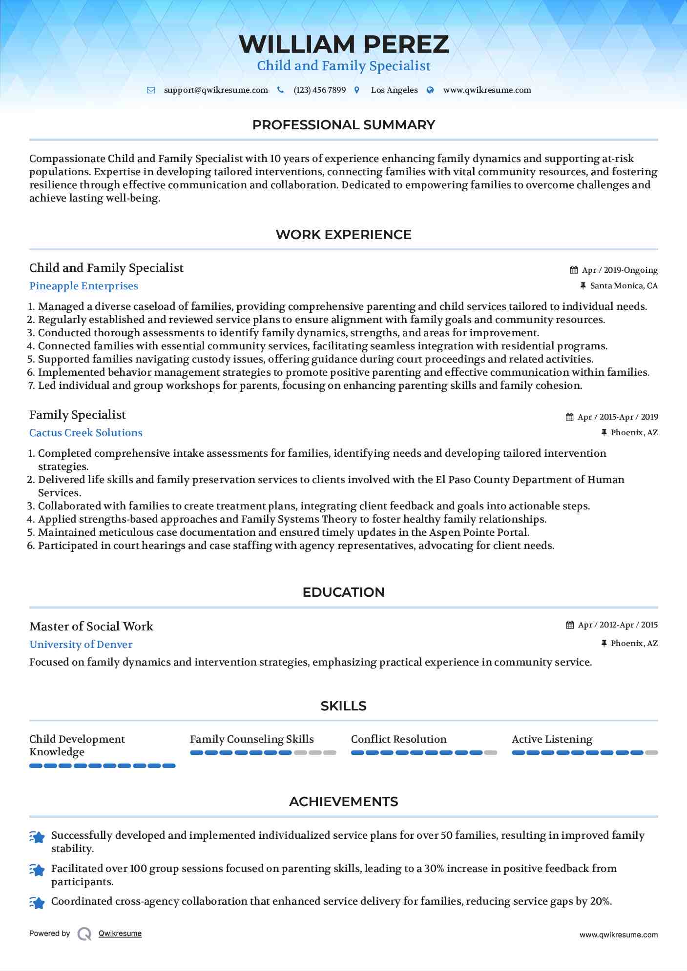 Child and Family Specialist Resume Format