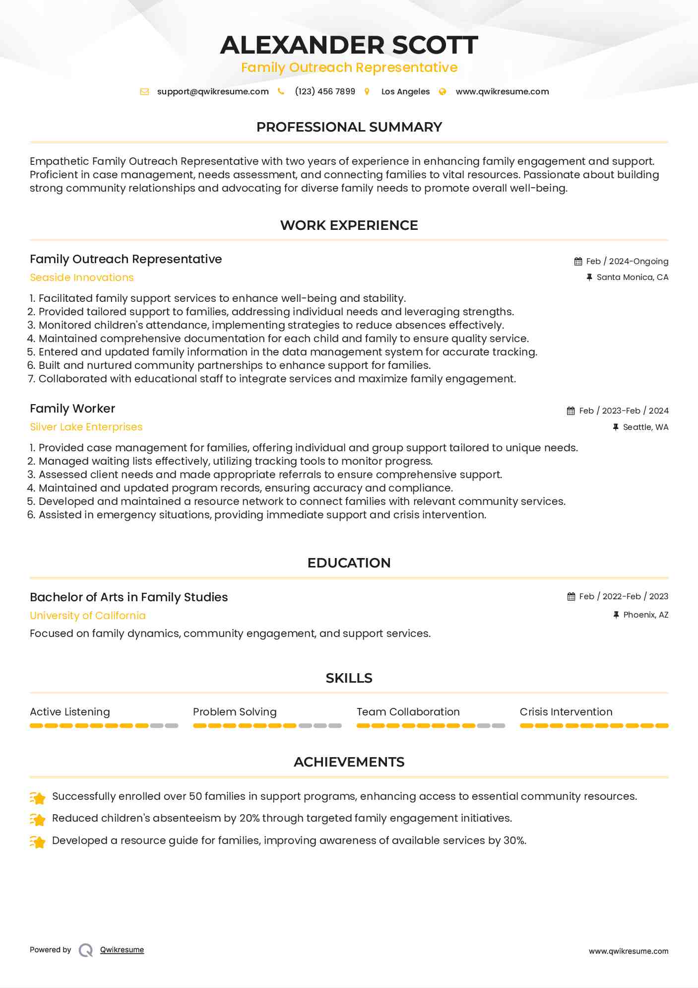 Family Outreach Representative Resume Template