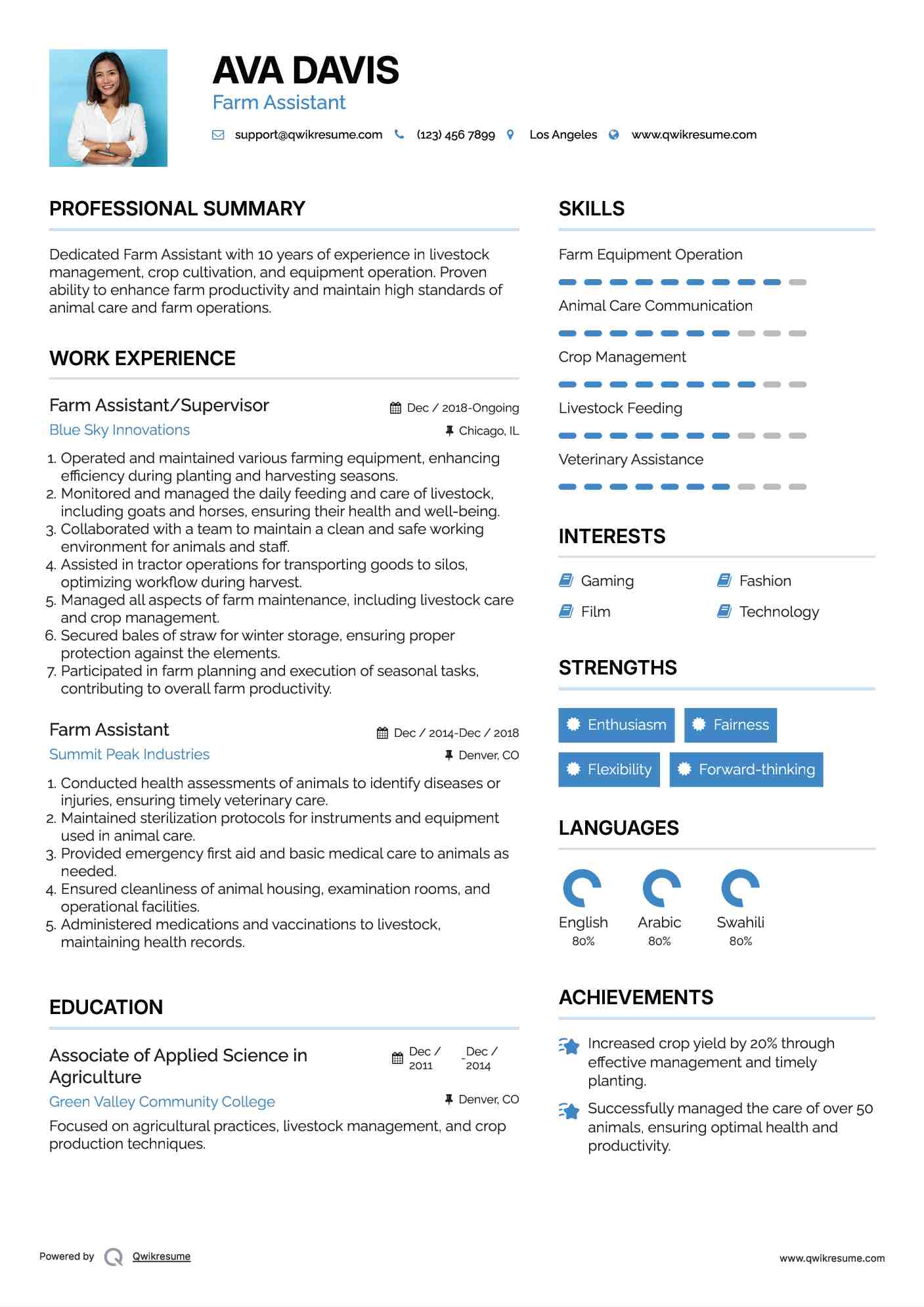 Farm Assistant/Supervisor Resume Sample
