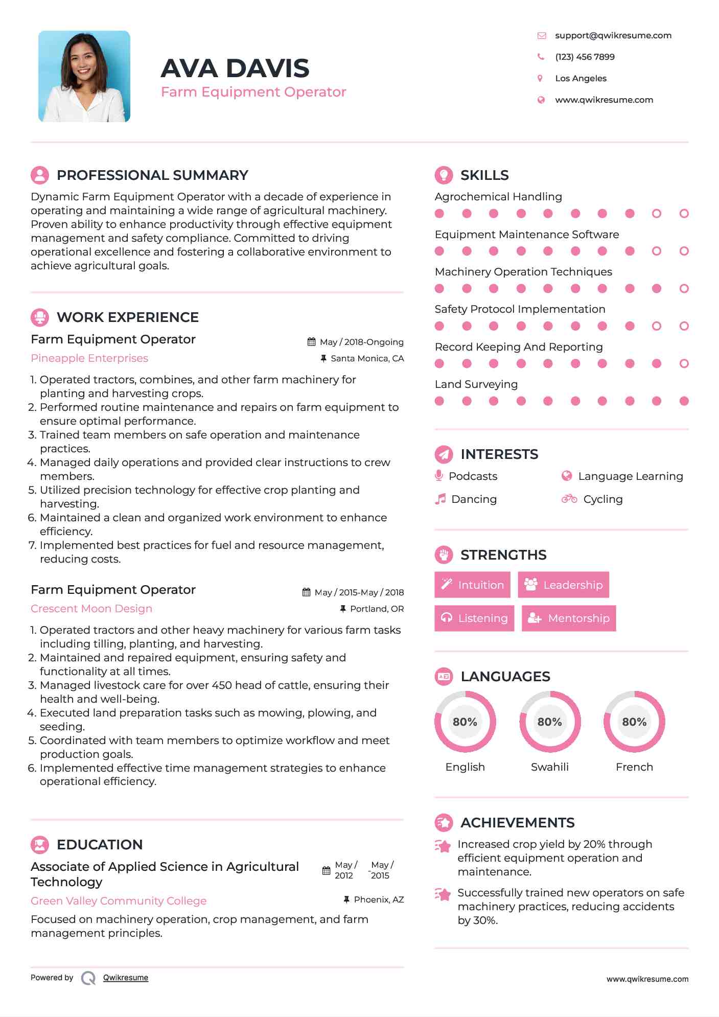 Farm Equipment Operator Resume Sample