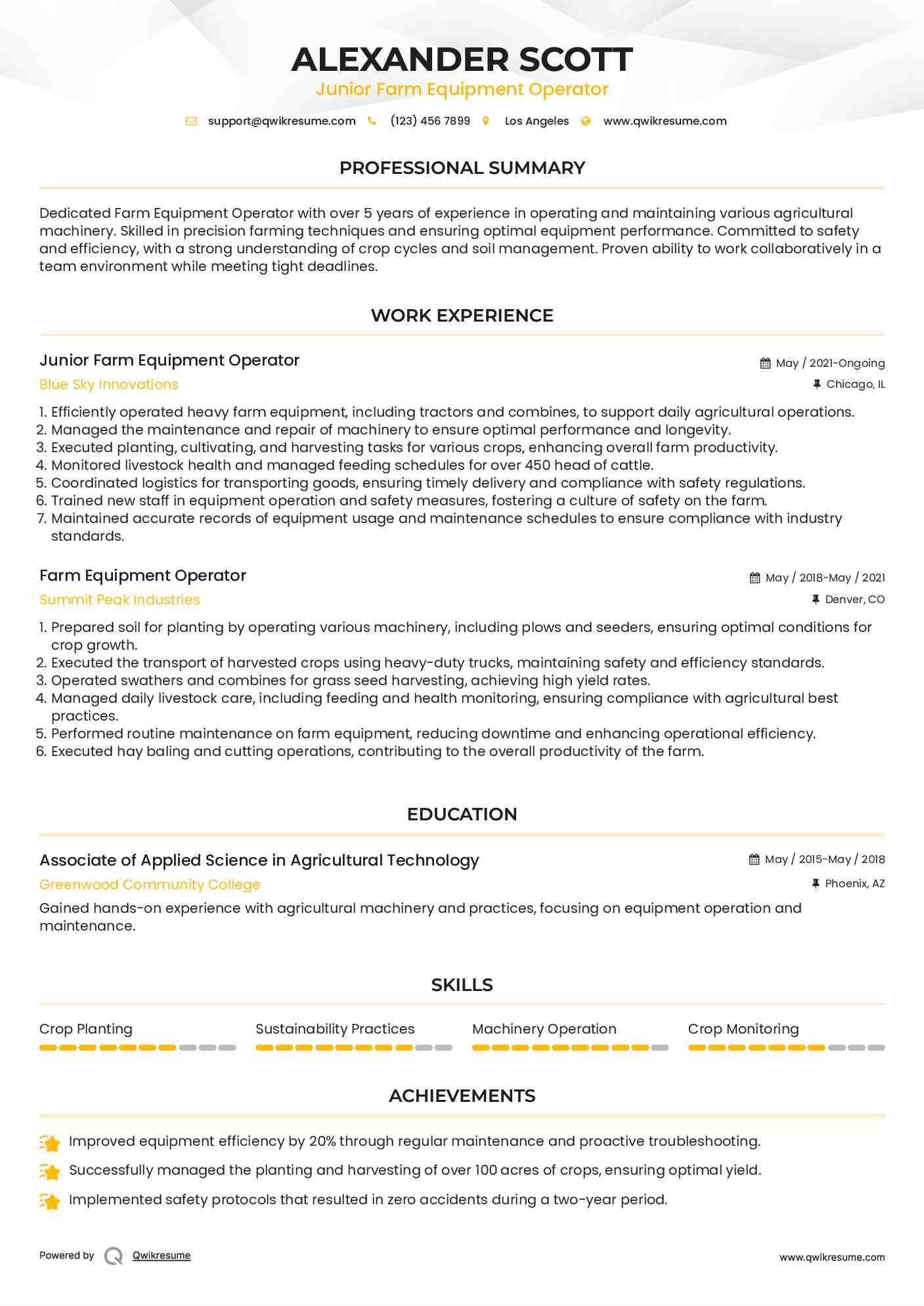 Junior Farm Equipment Operator Resume Model