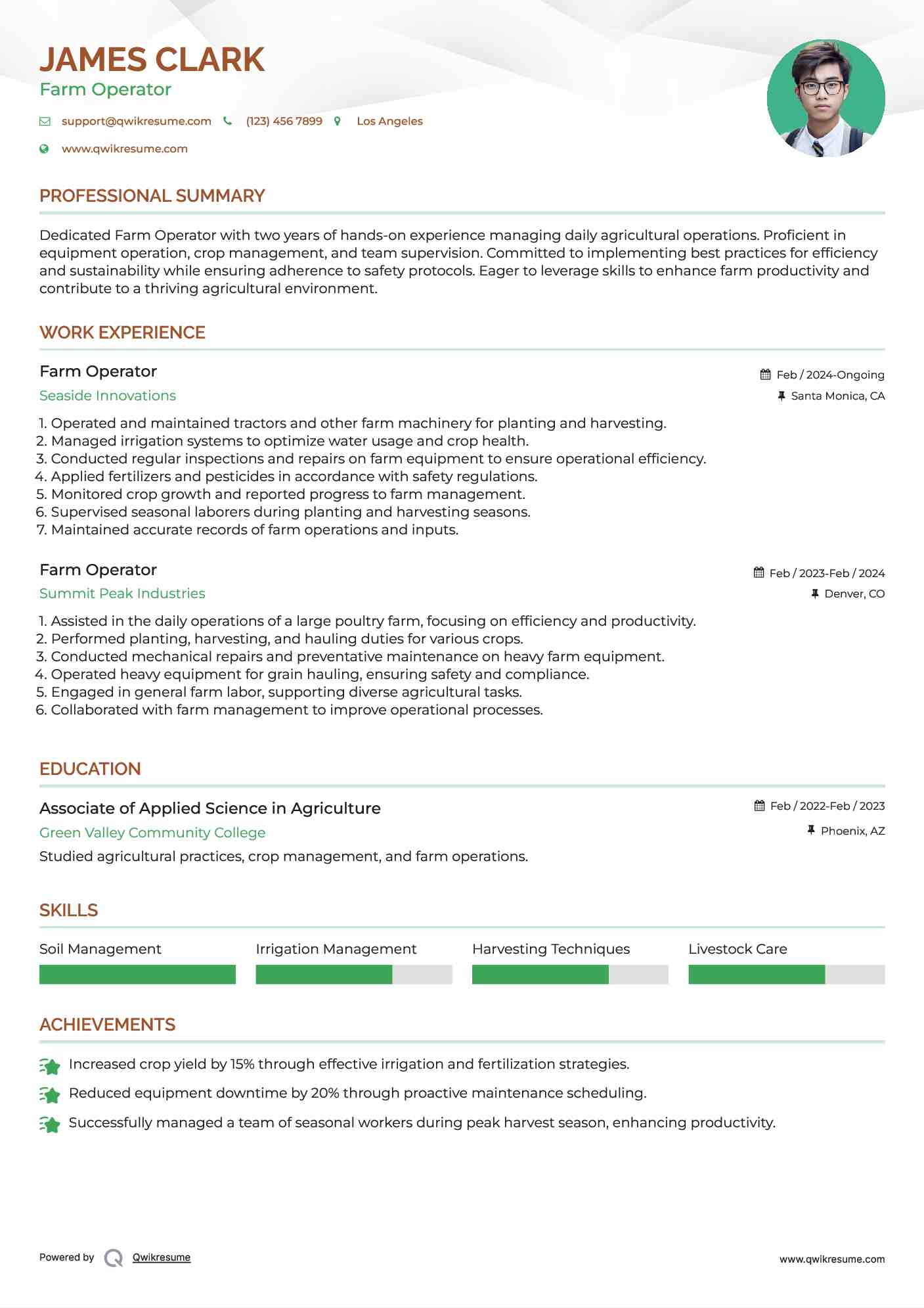 Farm Operator Resume Sample