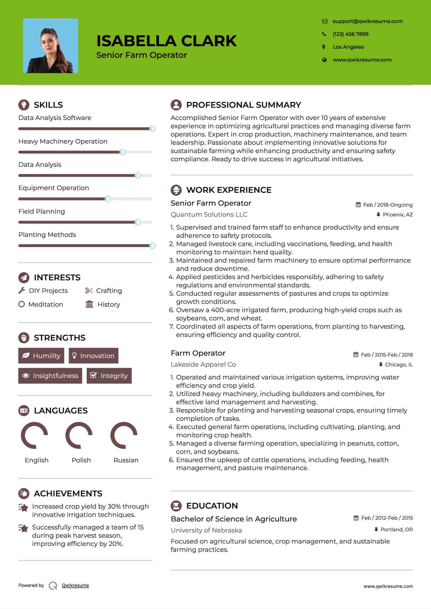 Senior Farm Operator Resume Sample