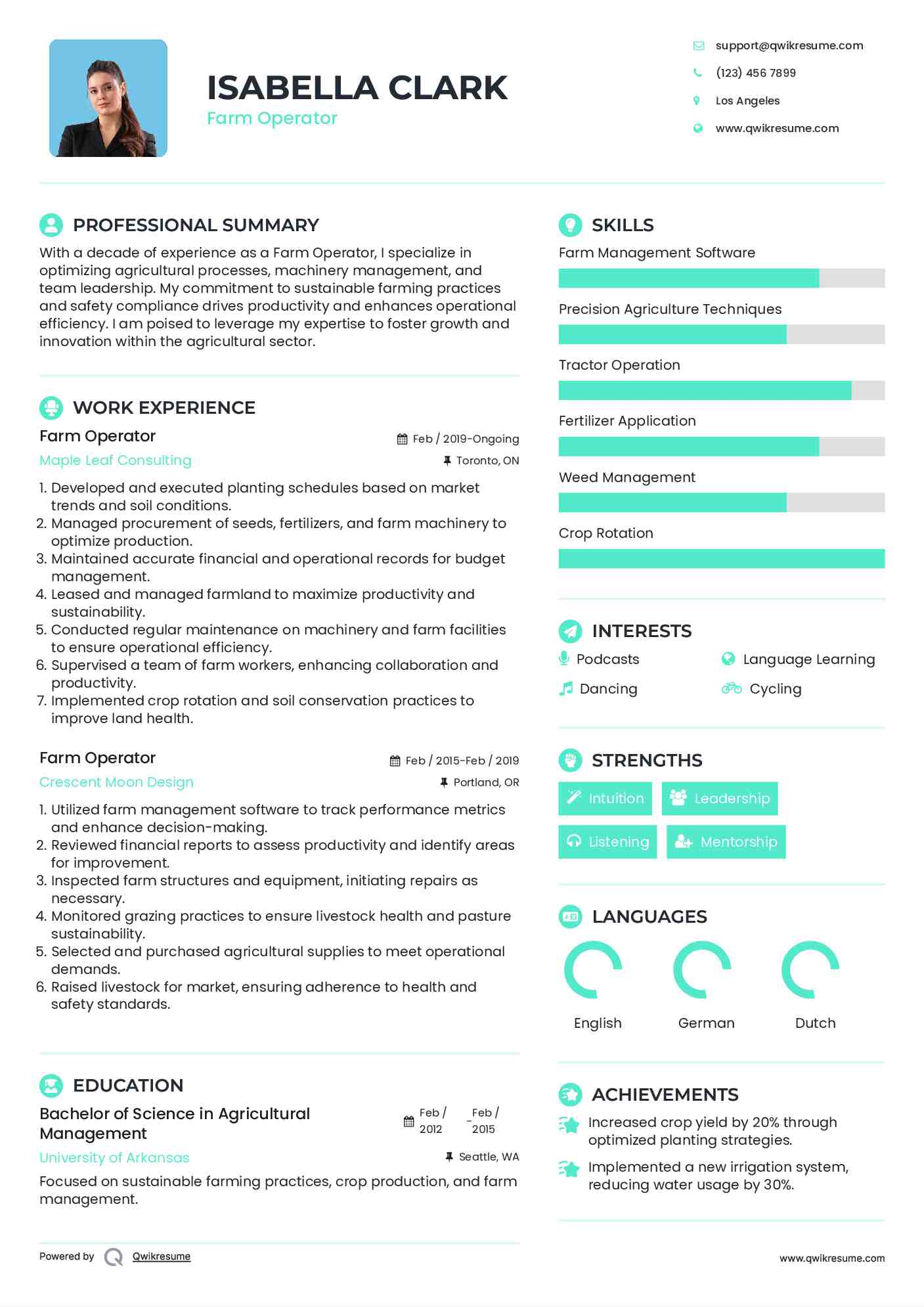 Farm Operator Resume Sample
