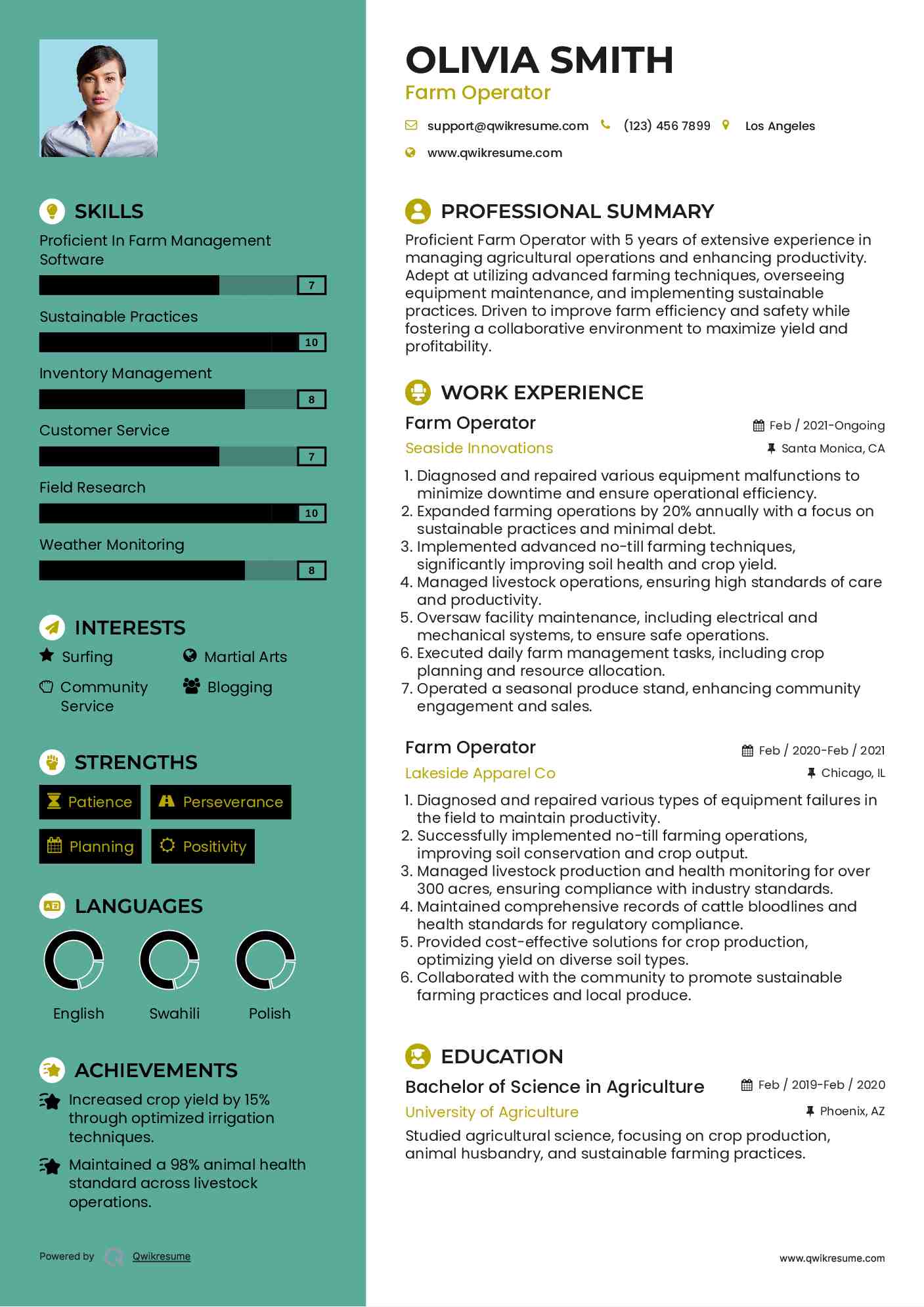 Farm Operator Resume Example