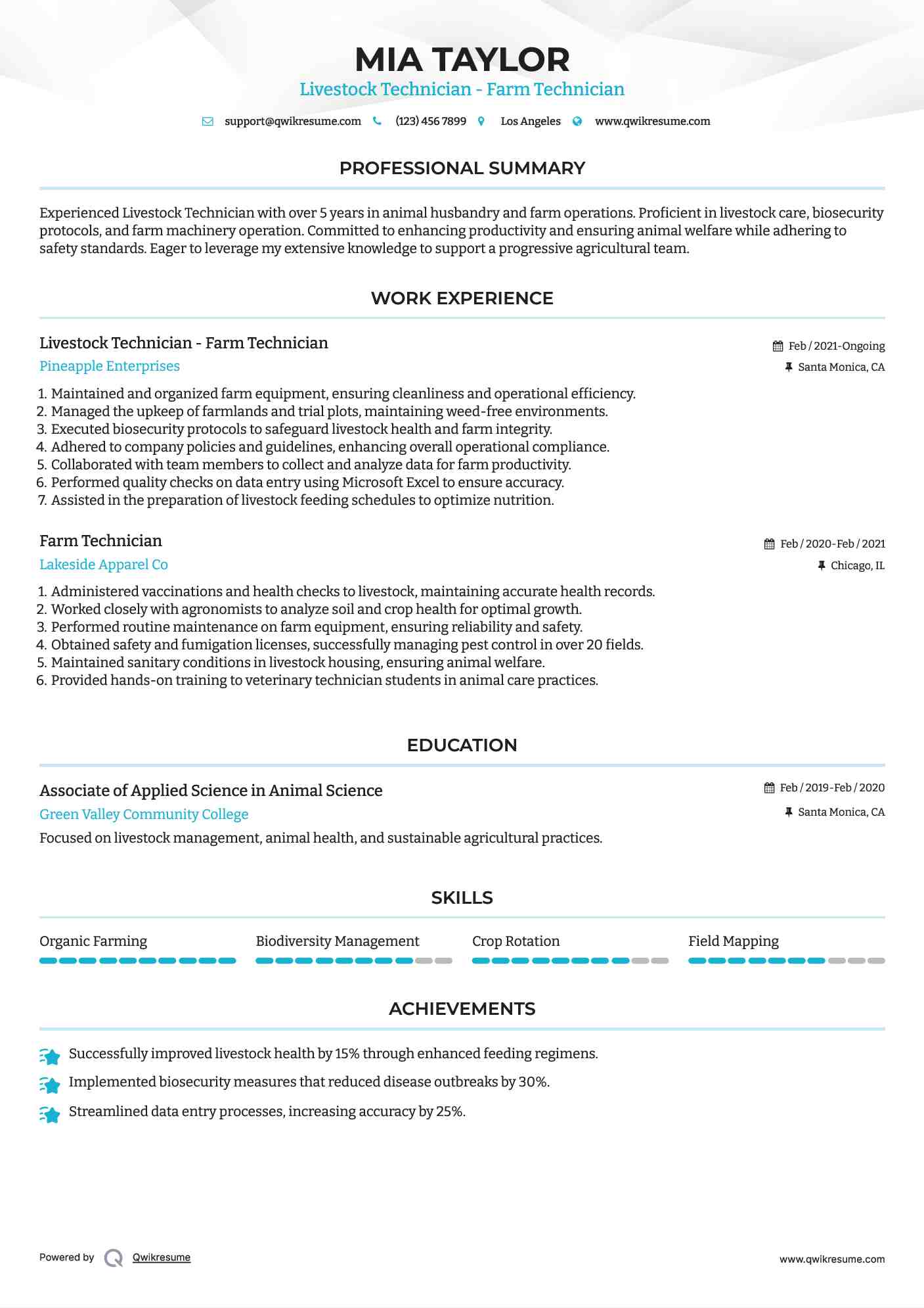 Livestock Technician - Farm Technician Resume Format