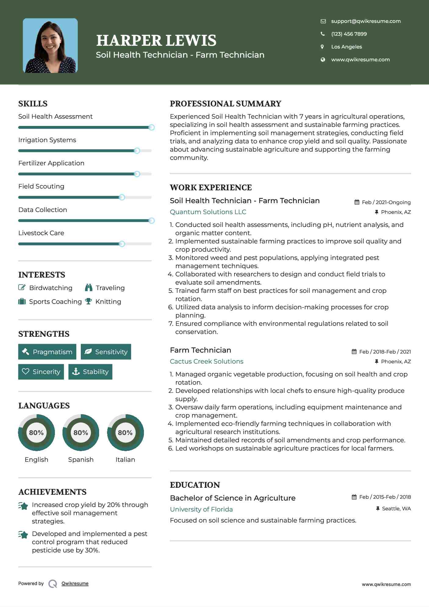 Soil Health Technician - Farm Technician Resume Example