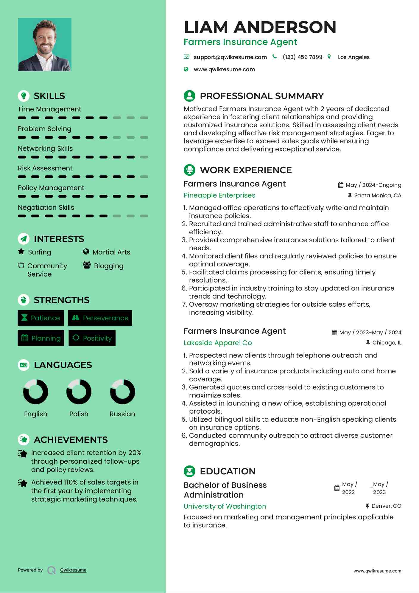 Farmers Insurance Agent Resume Model