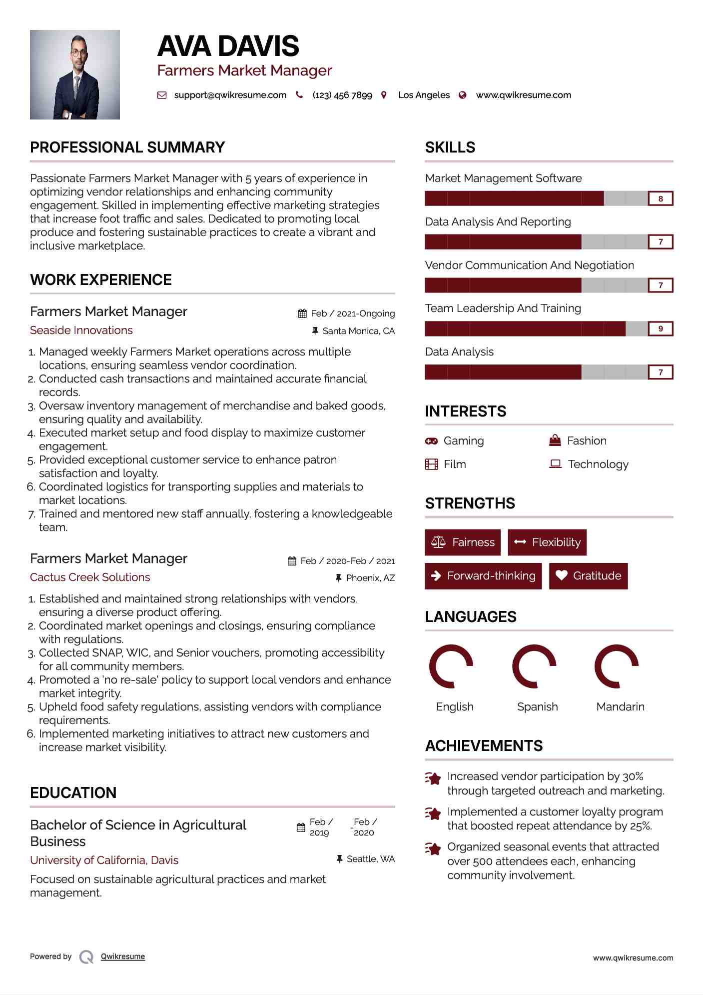 Farmers Market Manager Resume Sample