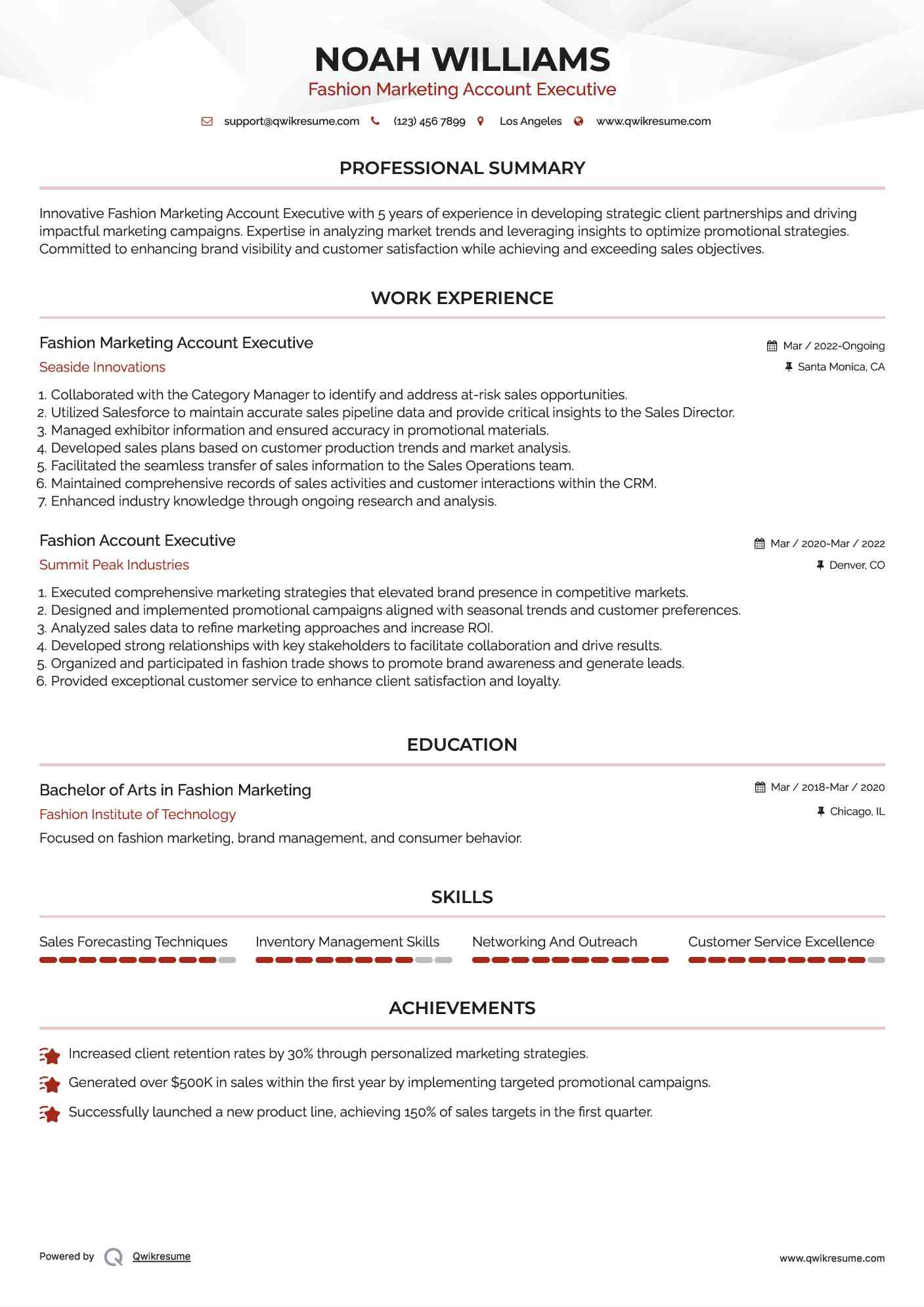 Fashion Marketing Account Executive Resume Example