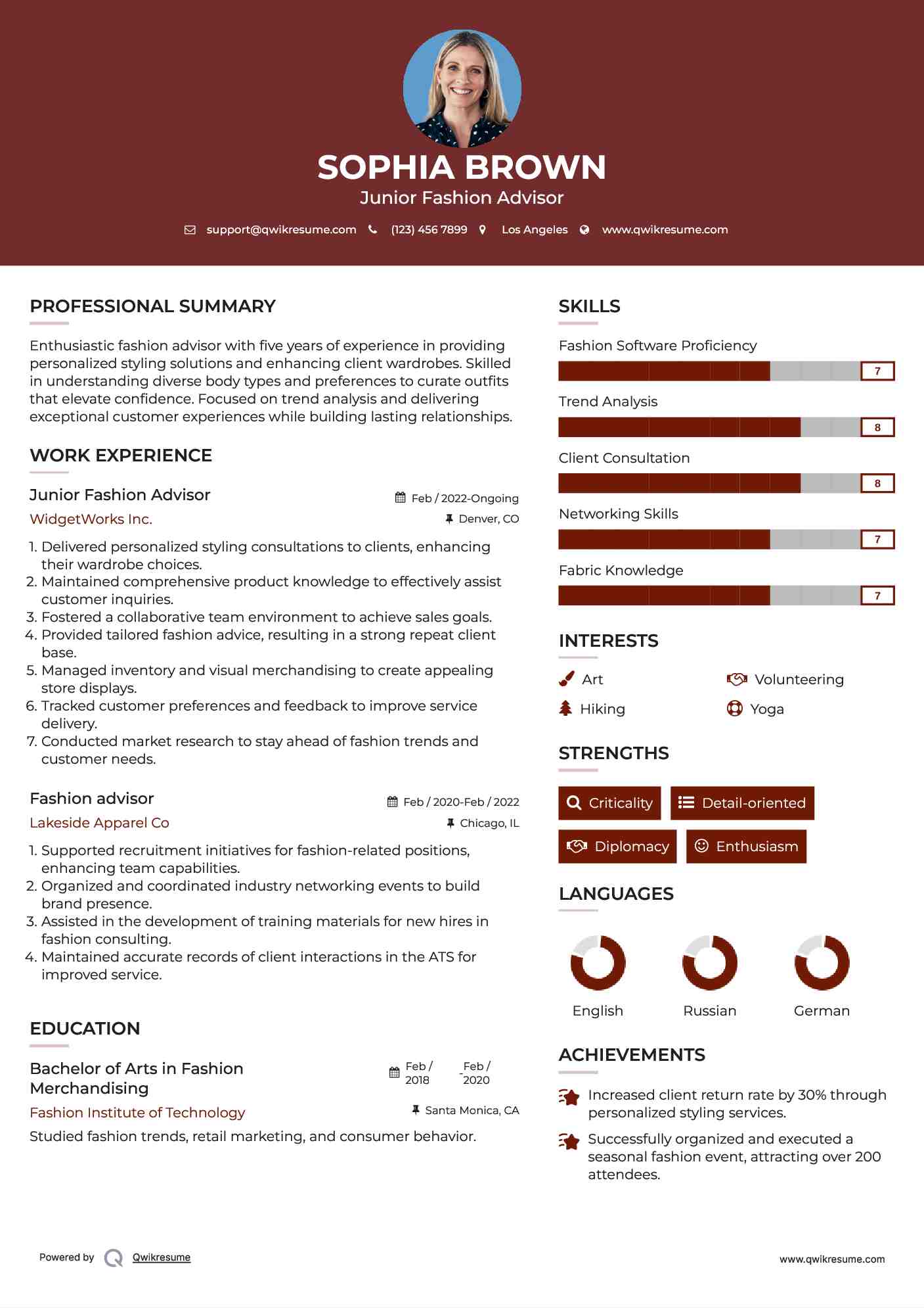 Junior Fashion Advisor Resume Model