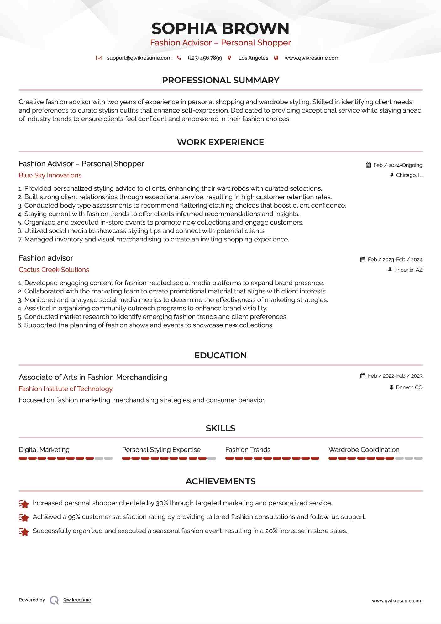 Fashion Advisor – Personal Shopper Resume Model