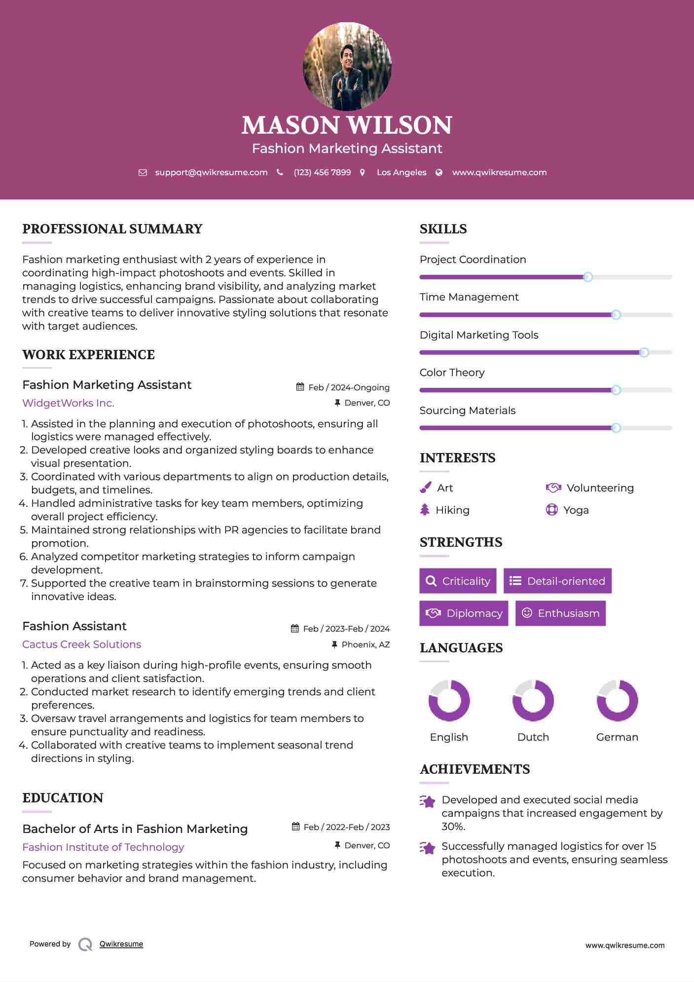 Fashion Marketing Assistant Resume Model