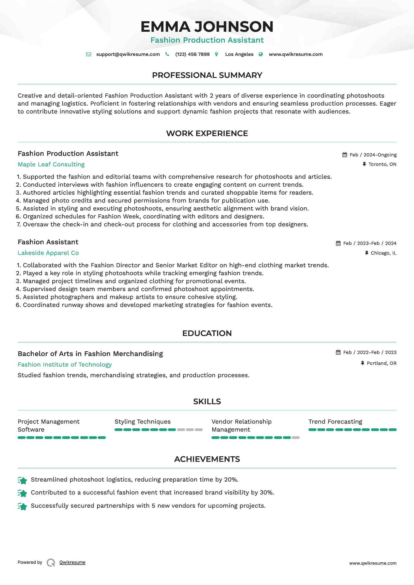 Fashion Production Assistant Resume Format