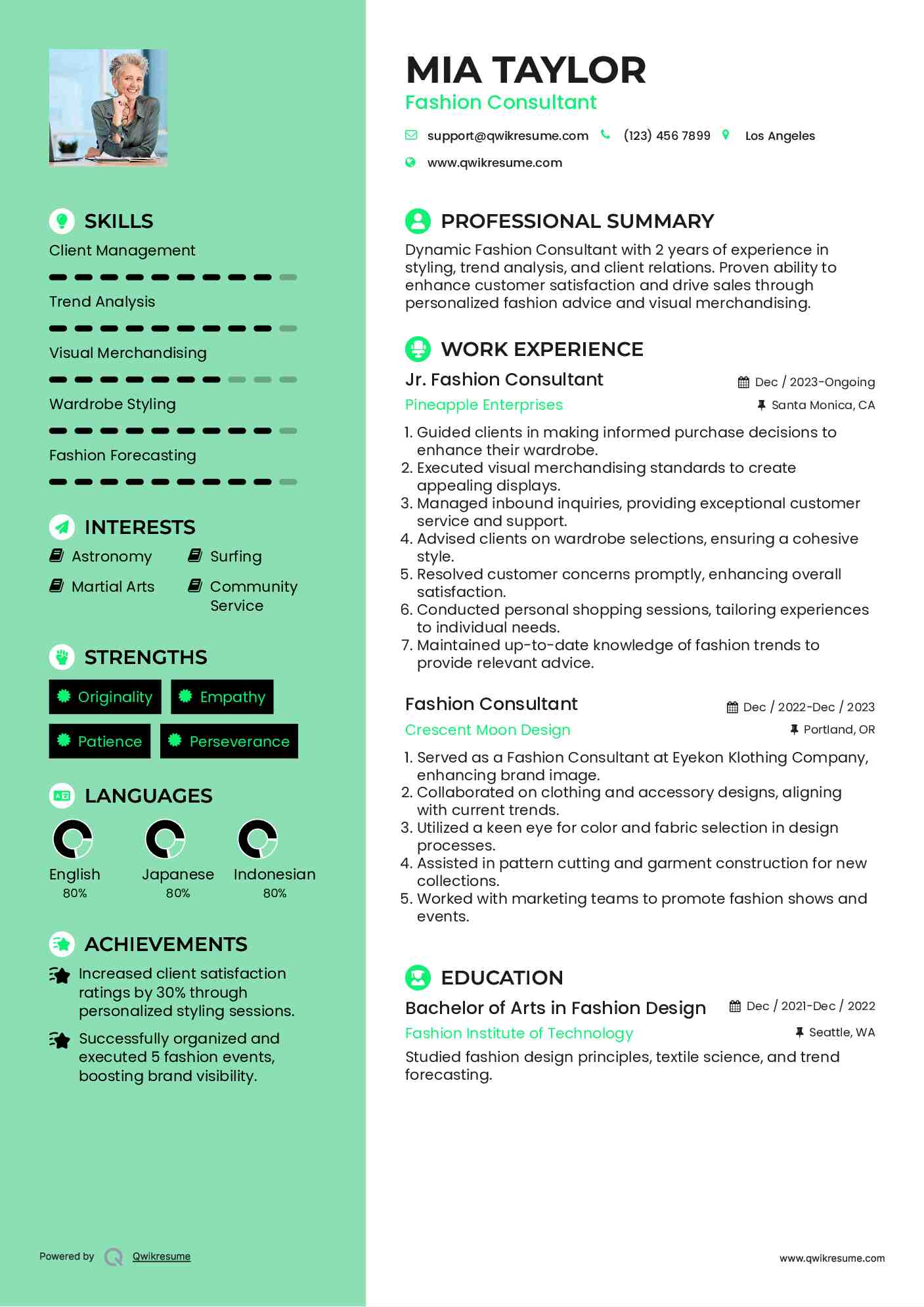 Jr. Fashion Consultant Resume Example