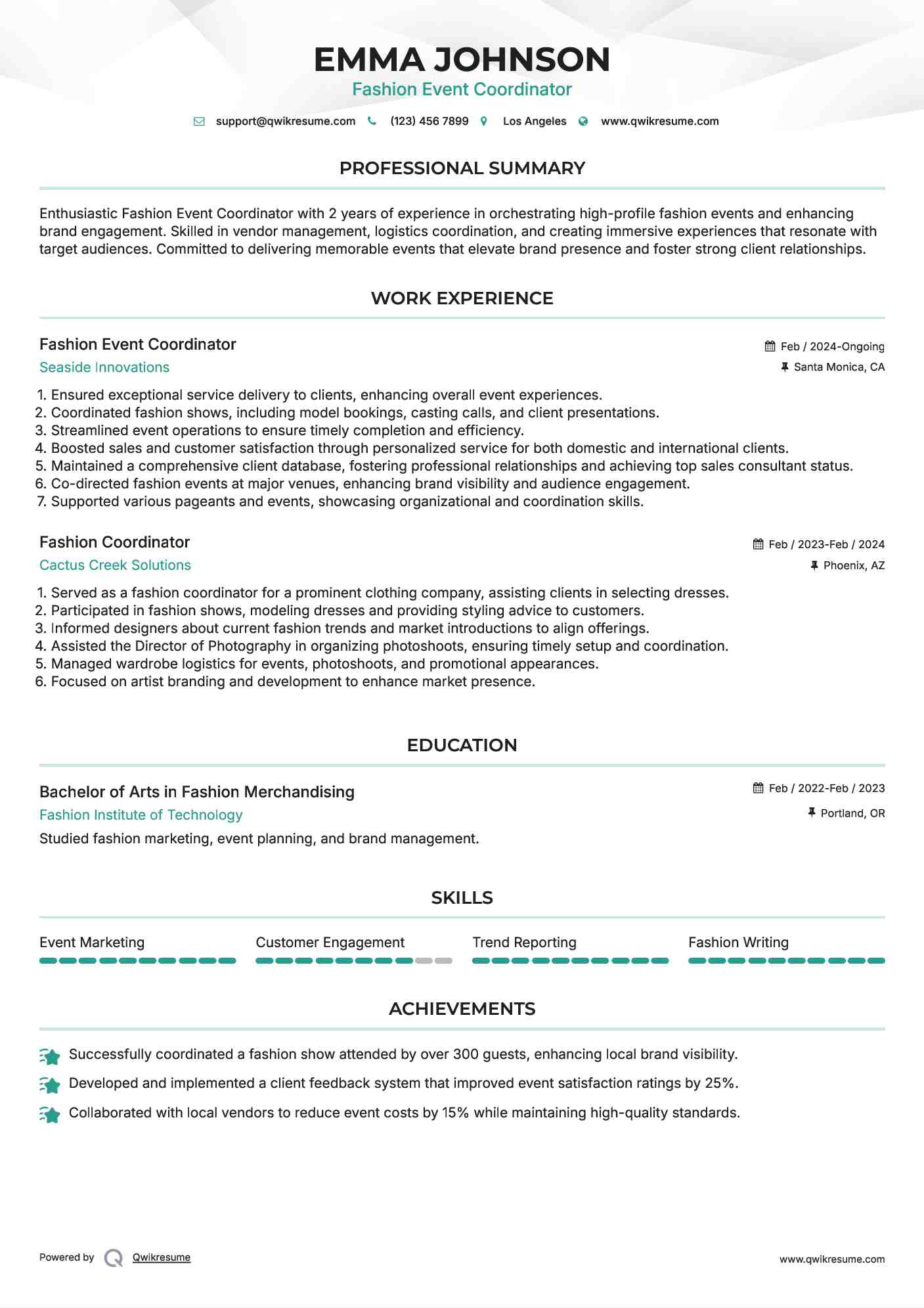Fashion Event Coordinator Resume Sample