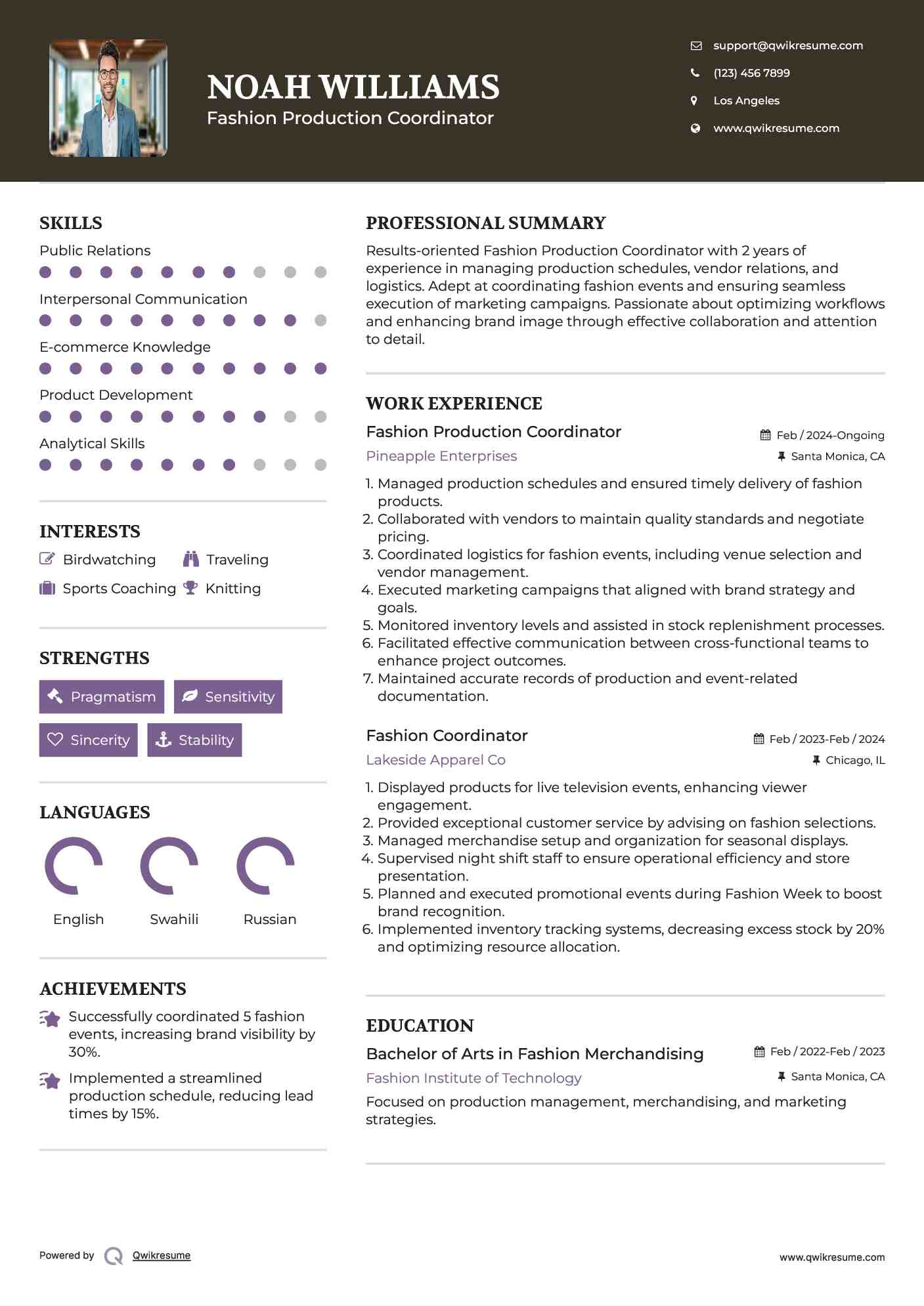 Fashion Production Coordinator Resume Sample