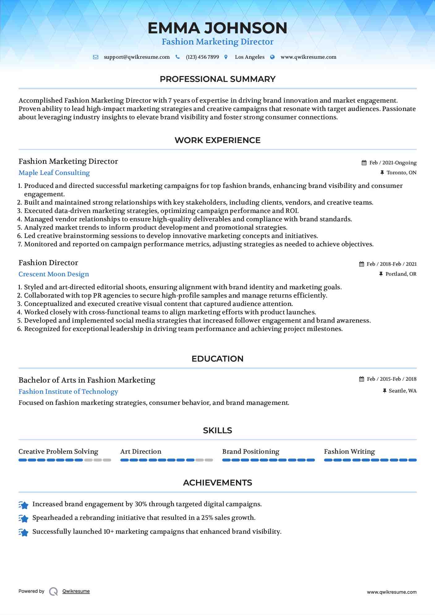 Fashion Marketing Director Resume Example