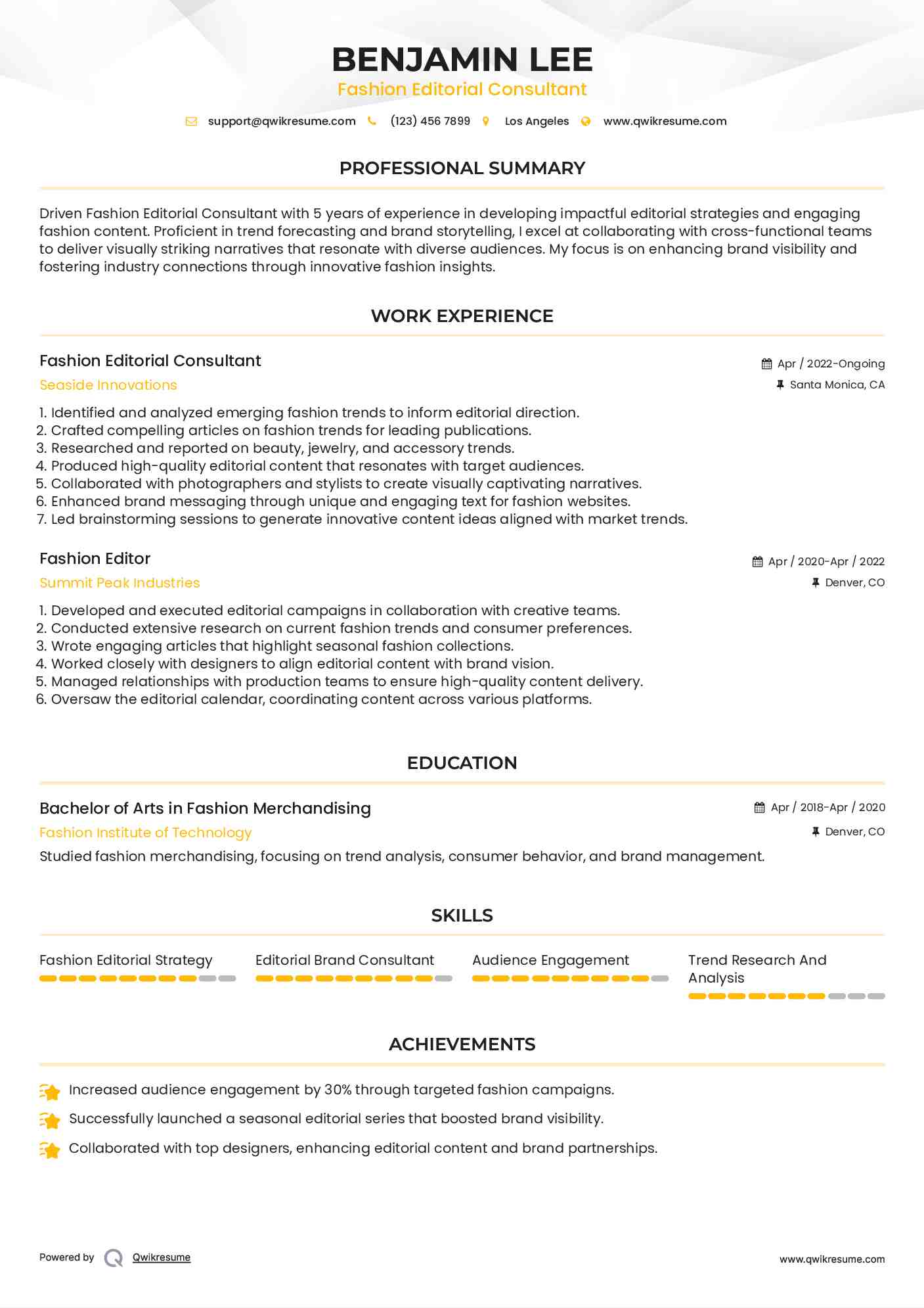 Fashion Editorial Consultant Resume Example