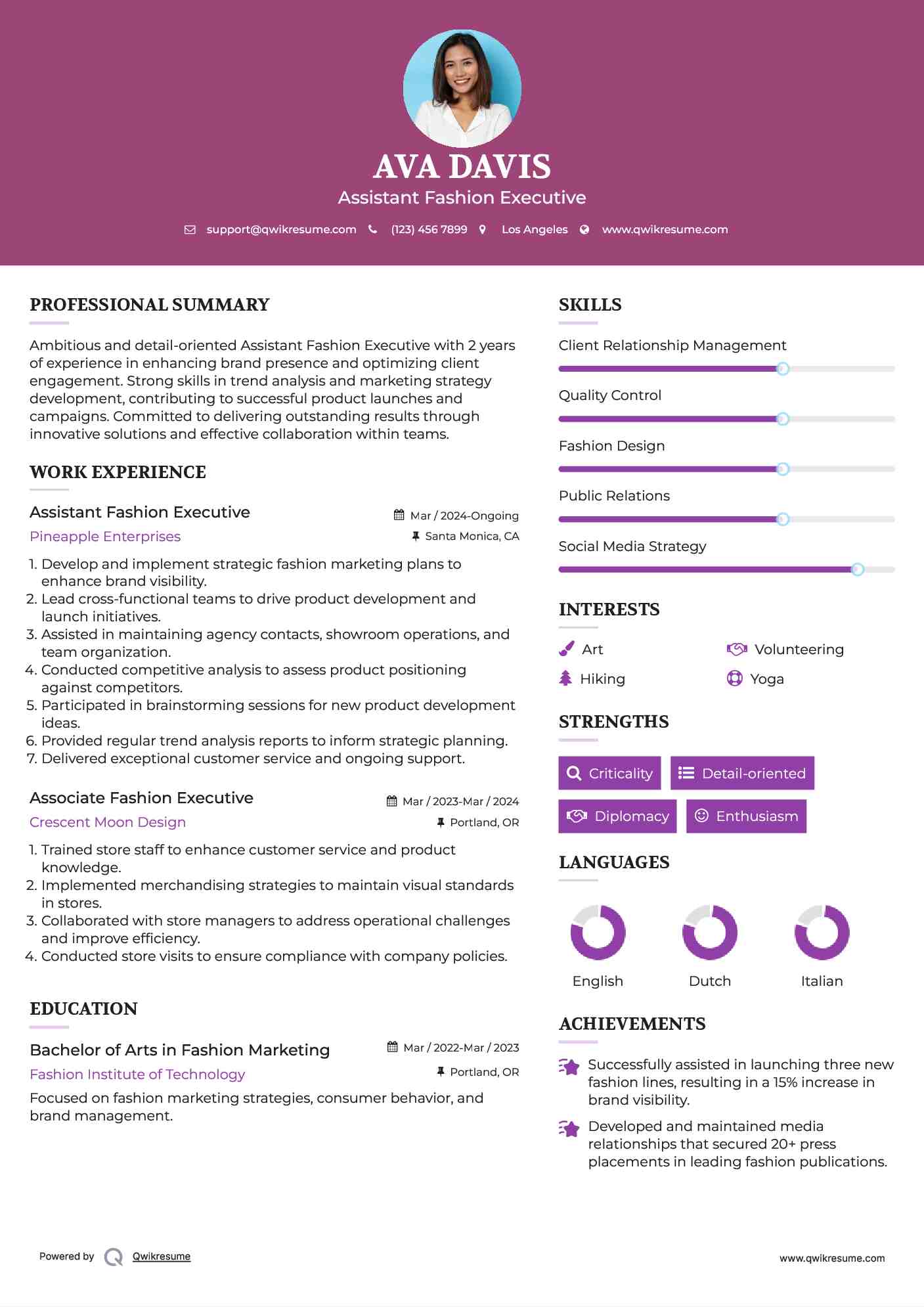 Assistant Fashion Executive  Resume Format