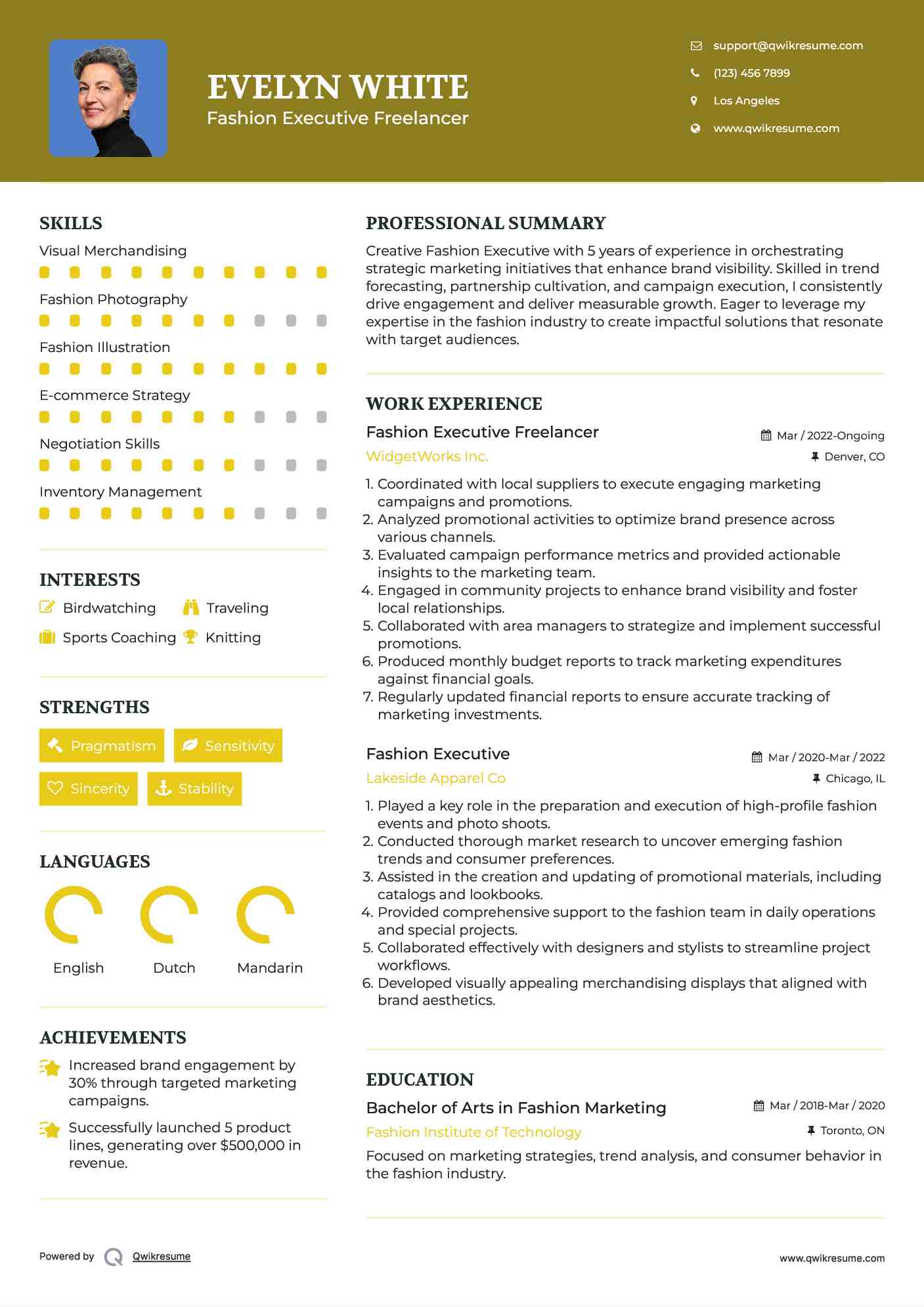 Fashion Executive Freelancer Resume Example