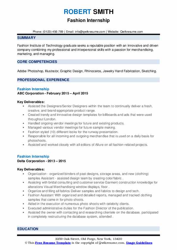 Fashion Internship Resume Samples QwikResume