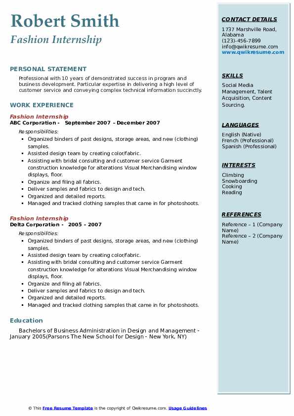Fashion Internship Resume Samples QwikResume