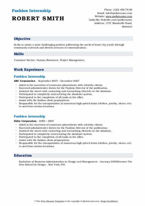 Fashion Internship Resume Samples QwikResume
