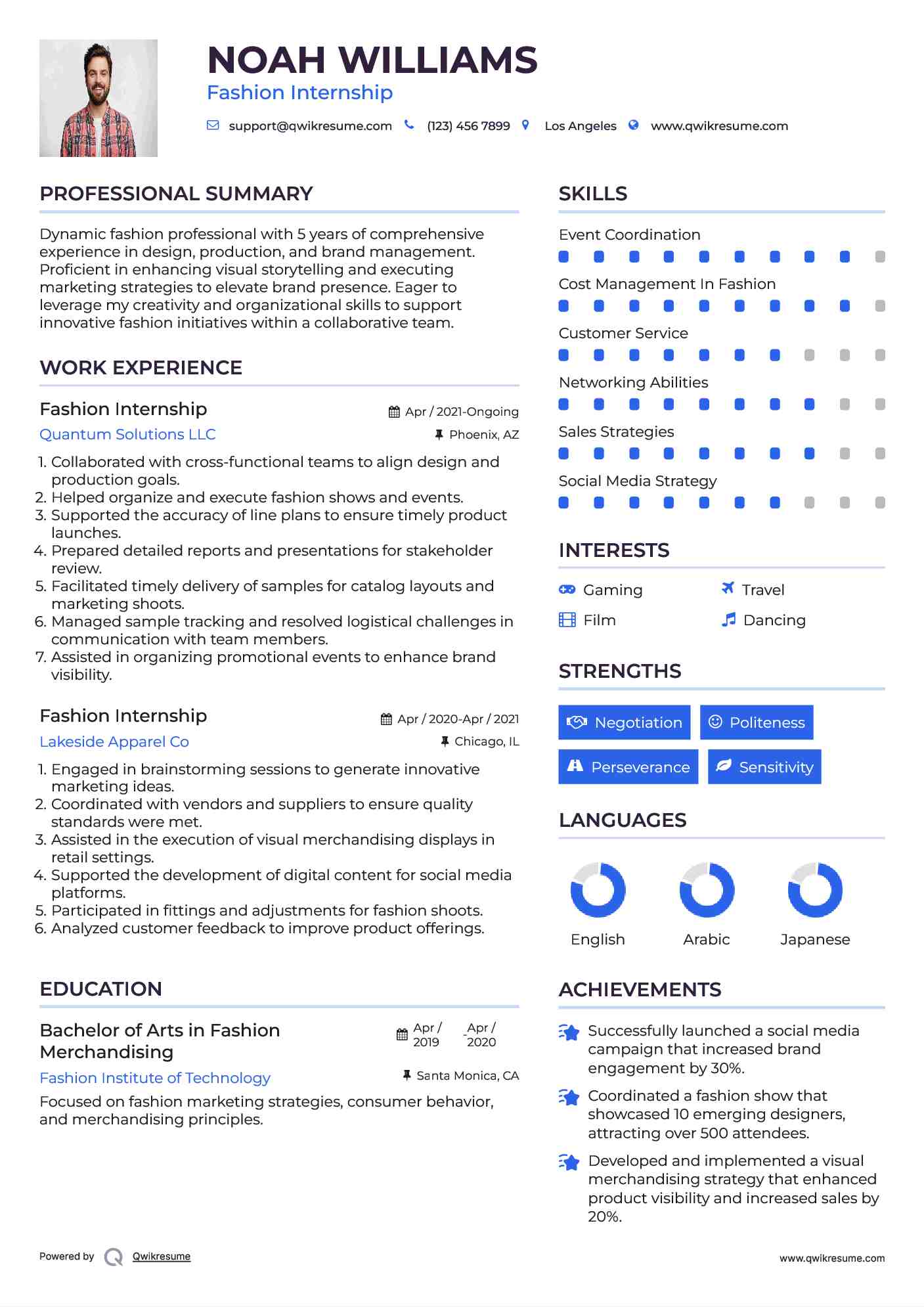 Fashion Internship Resume Sample