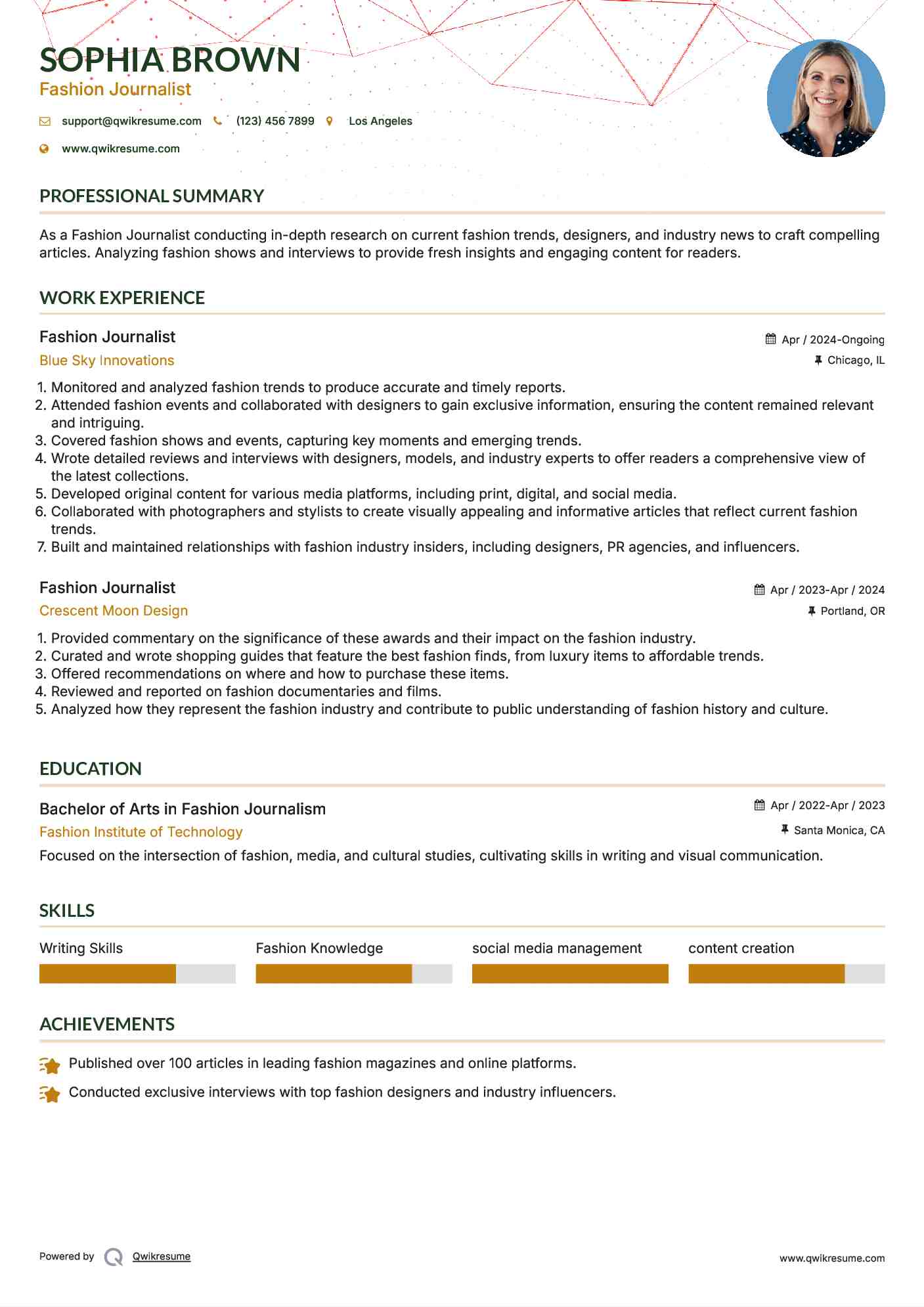 Fashion Journalist Resume Sample