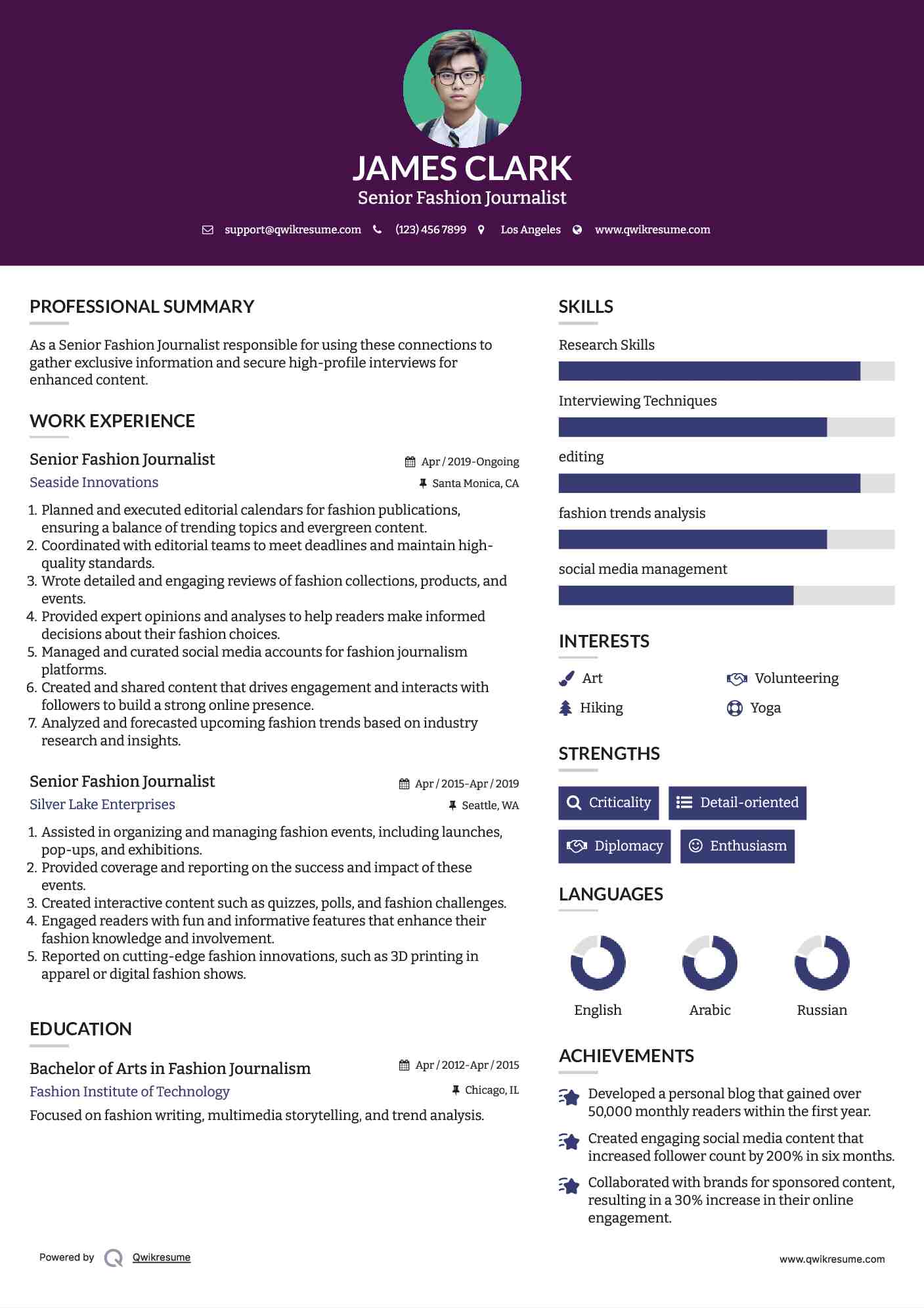 Senior Fashion Journalist Resume Sample