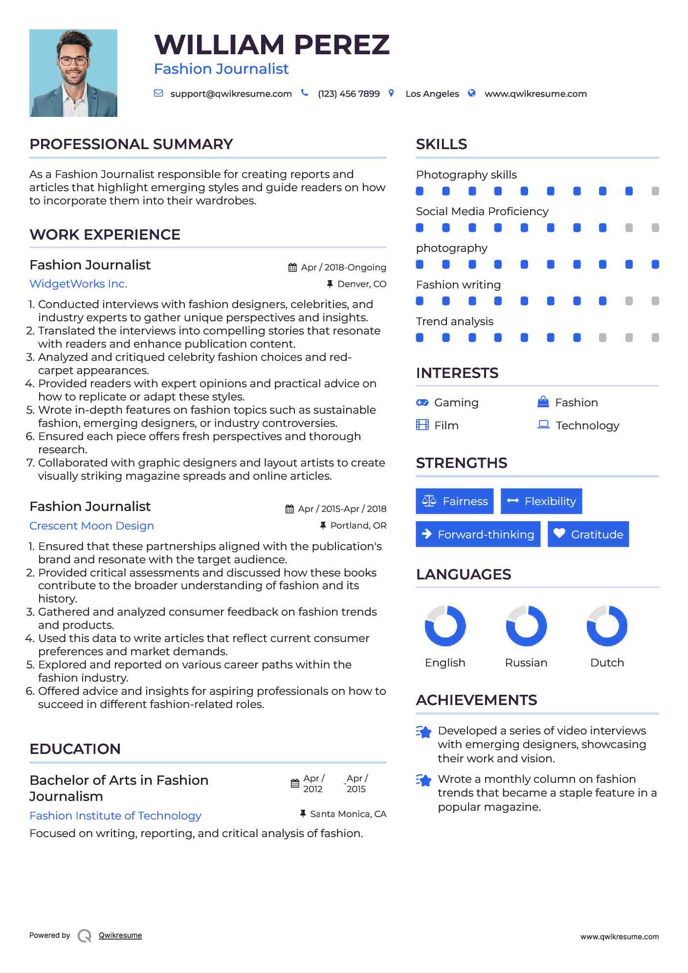 Fashion Journalist Resume Model