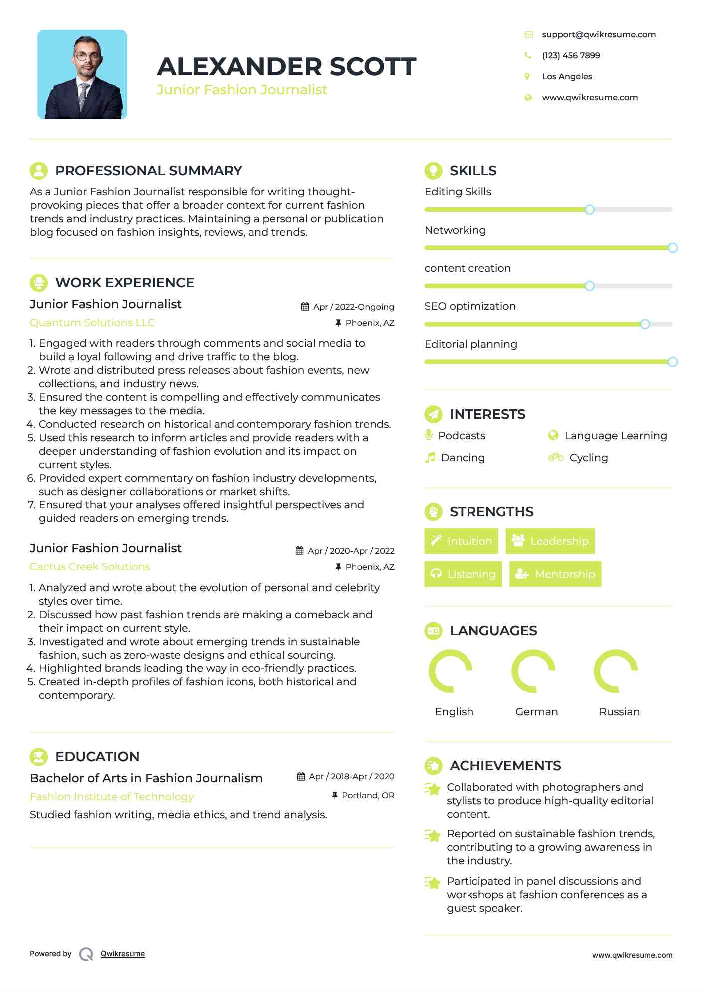 Junior Fashion Journalist Resume Template