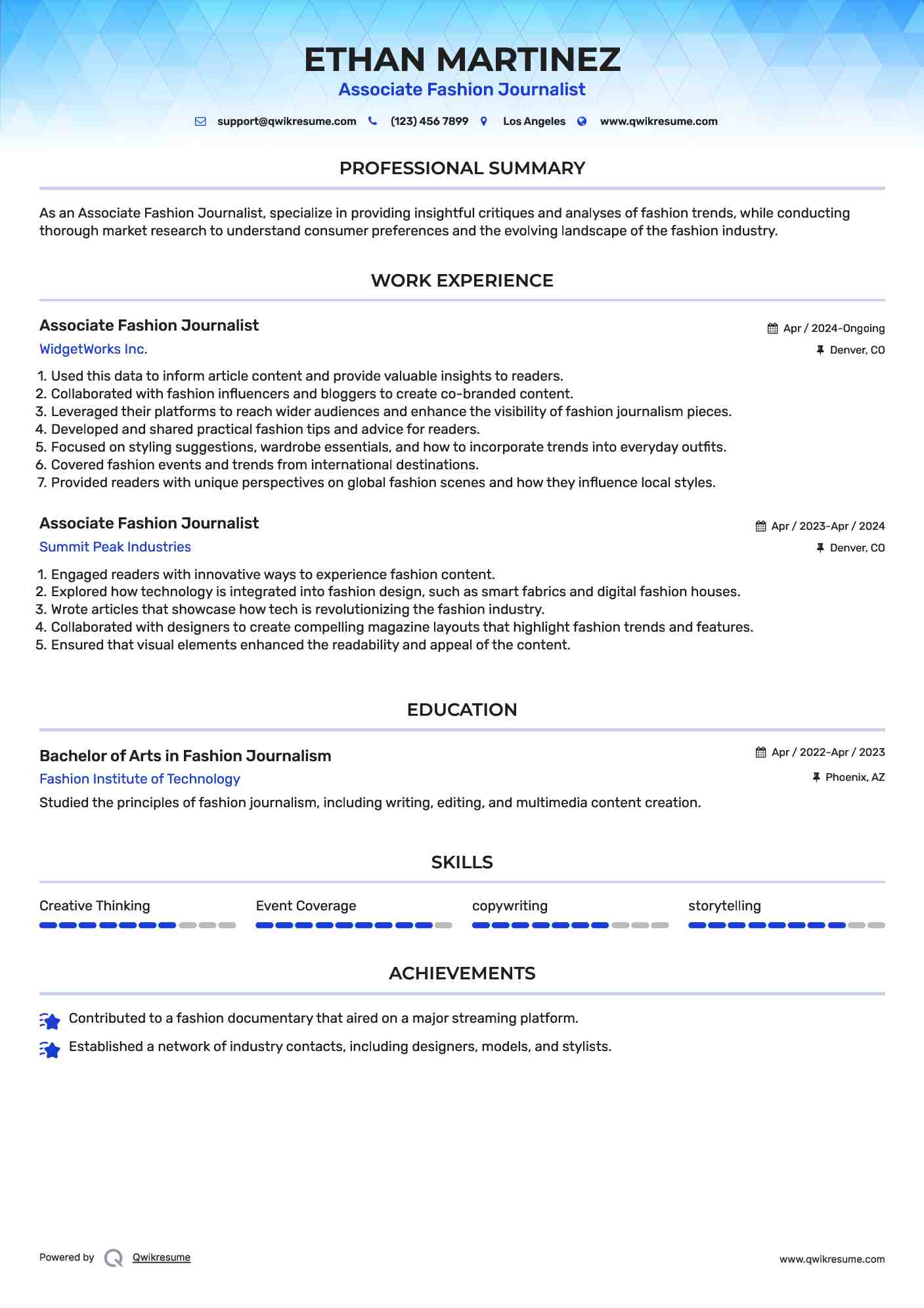 Associate Fashion Journalist Resume Example