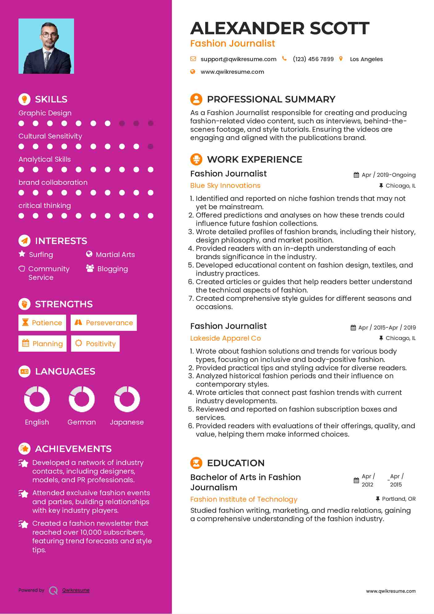 Fashion Journalist Resume Model