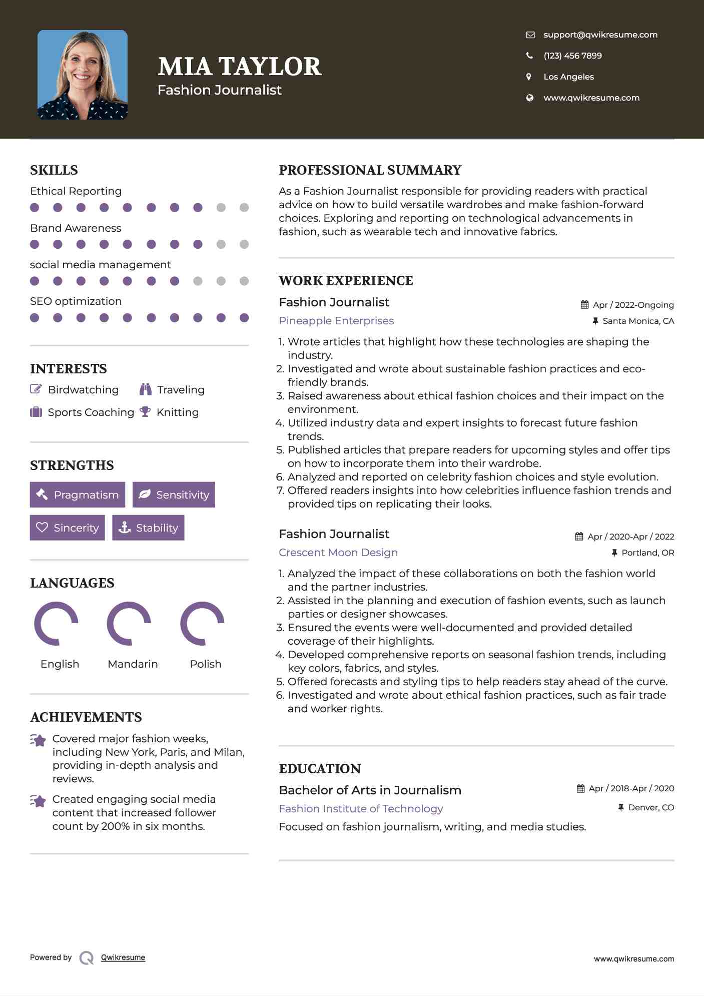 Fashion Journalist Resume Format
