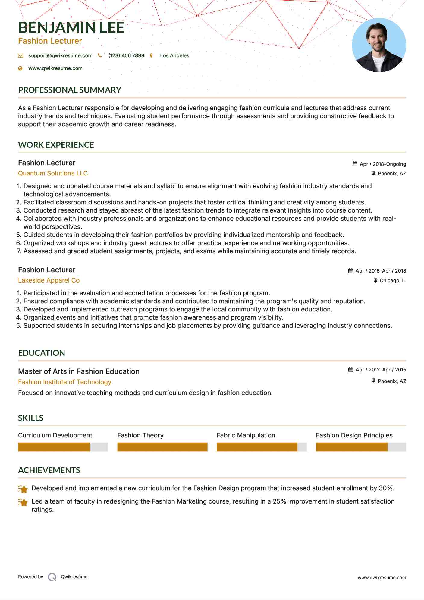 Fashion Lecturer Resume Example